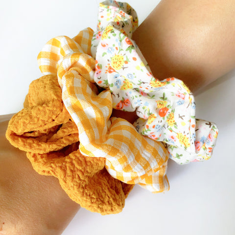 CUTE FLORAL YELLOW CHECK SCRUNCHIE HAIRBAND SET HAIR ACCESSORIES