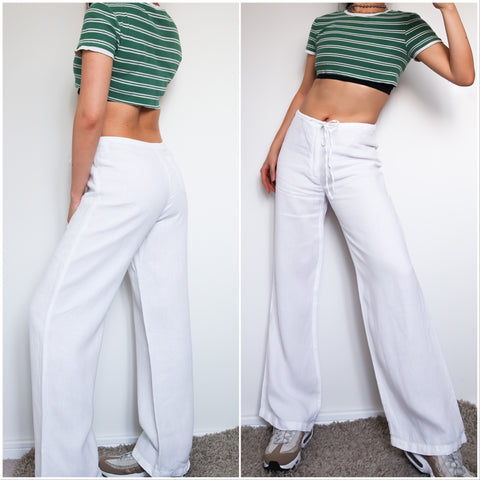 90s Y2K 00s TIE WAIST WITH BACK POCKETS SIMPLE WHITE LINEN TROUSERS