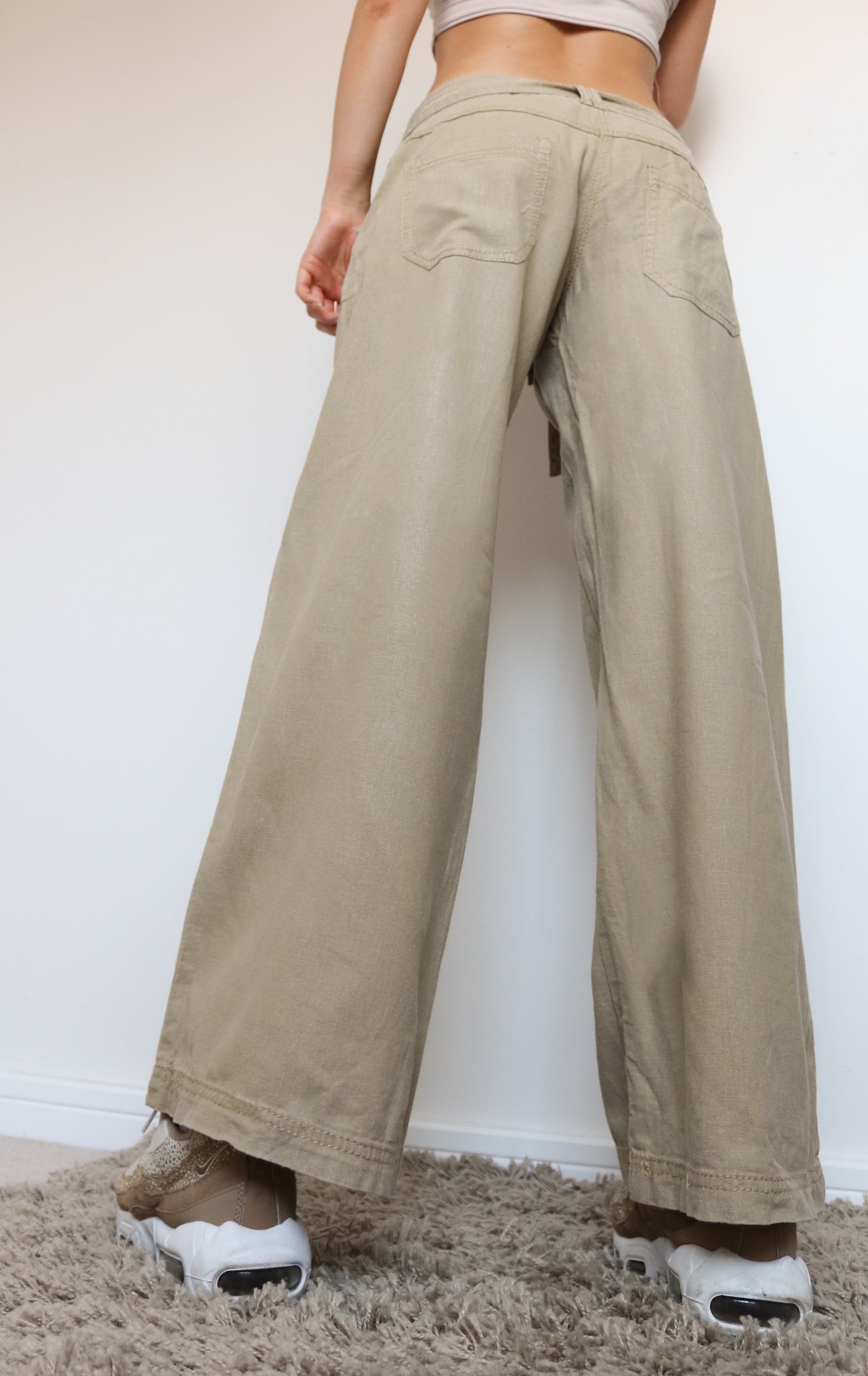 90S Y2K 00S VINTAGE SIMPLE BEIGE LINEN BLENDED BELT TROUSERS