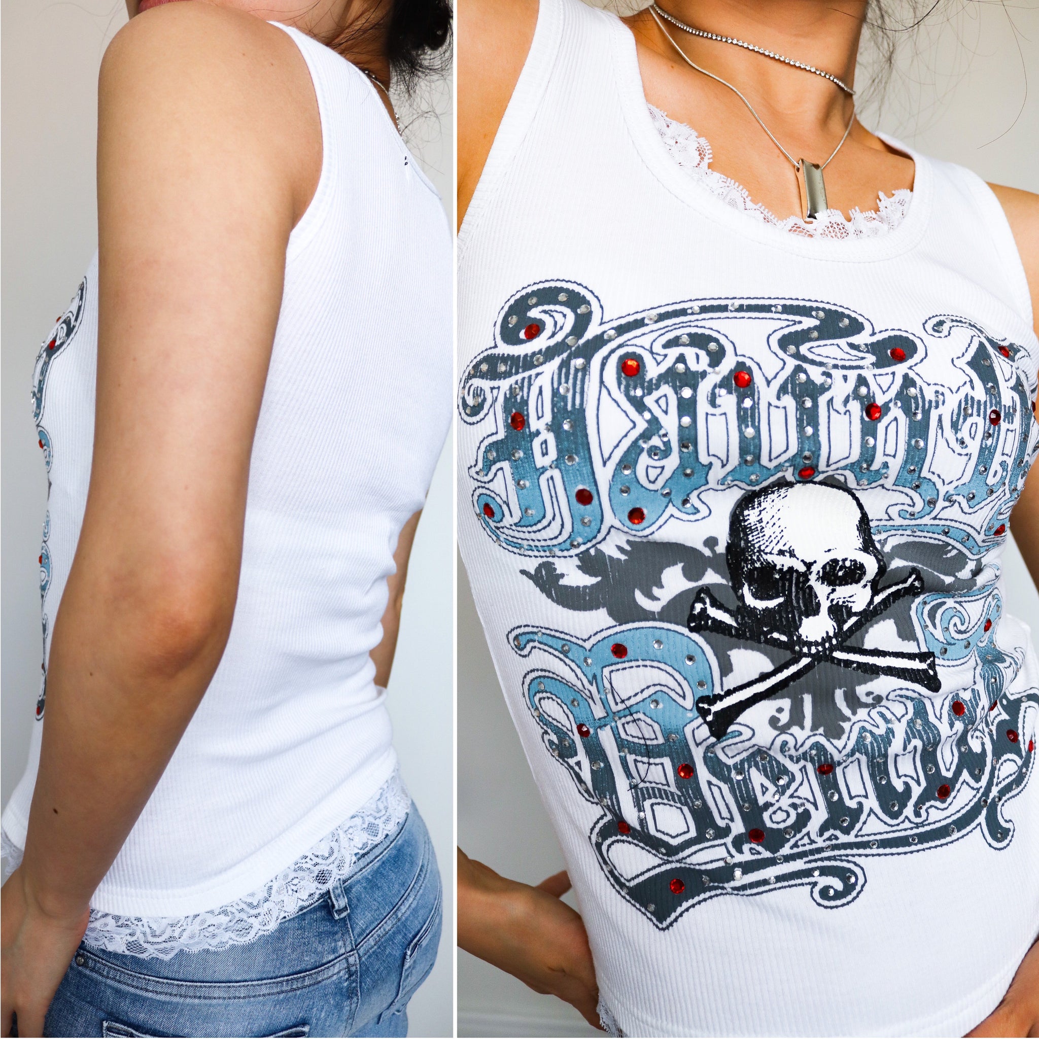 Y2K 90s 00s white skull lace trims vest