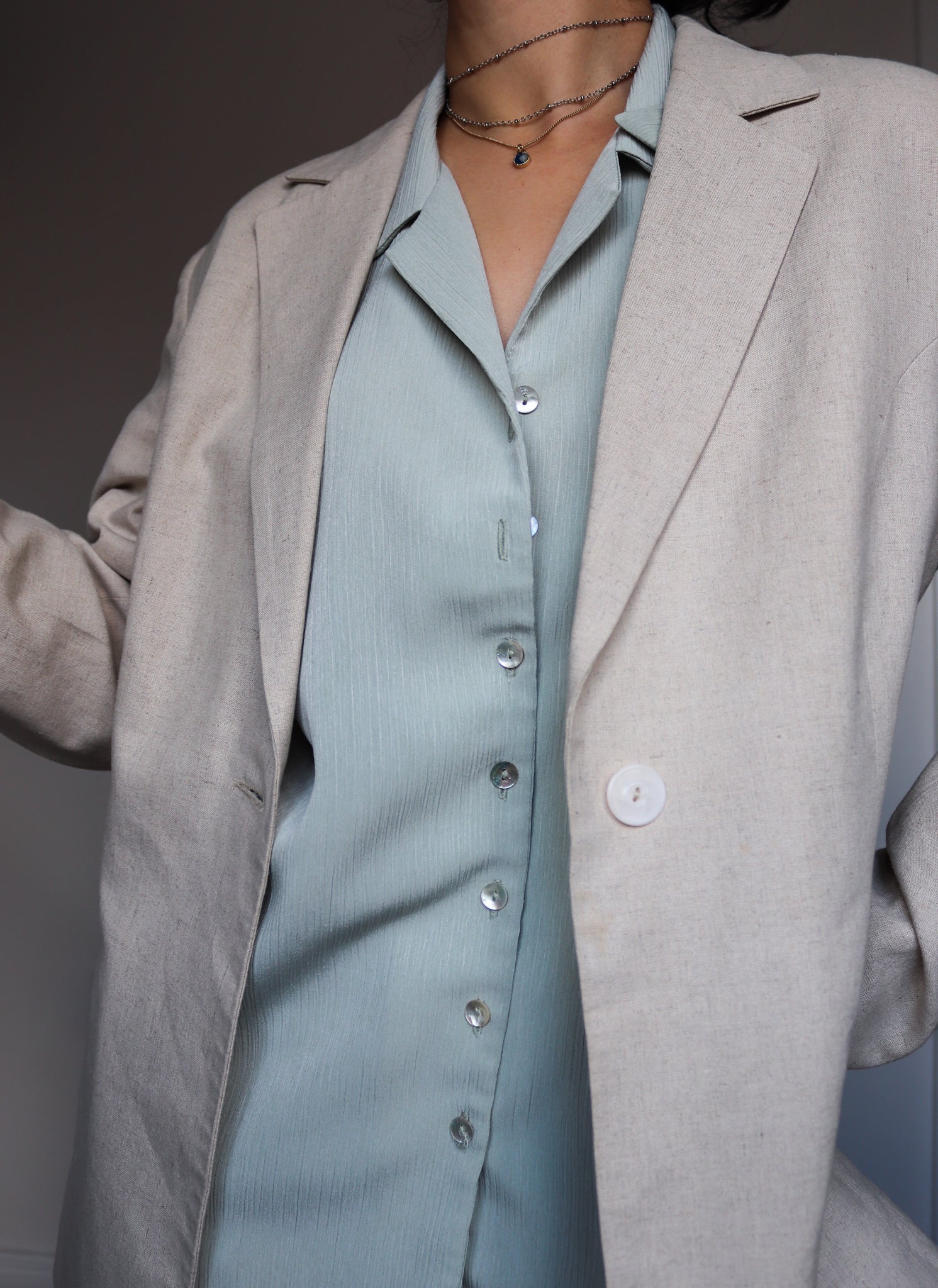 VINTAGE PALE GREEN RELAXED BOX FIT BOXY TEXTURED FABRIC SHORT SLEEVES SHIRT BLOUSE TOP