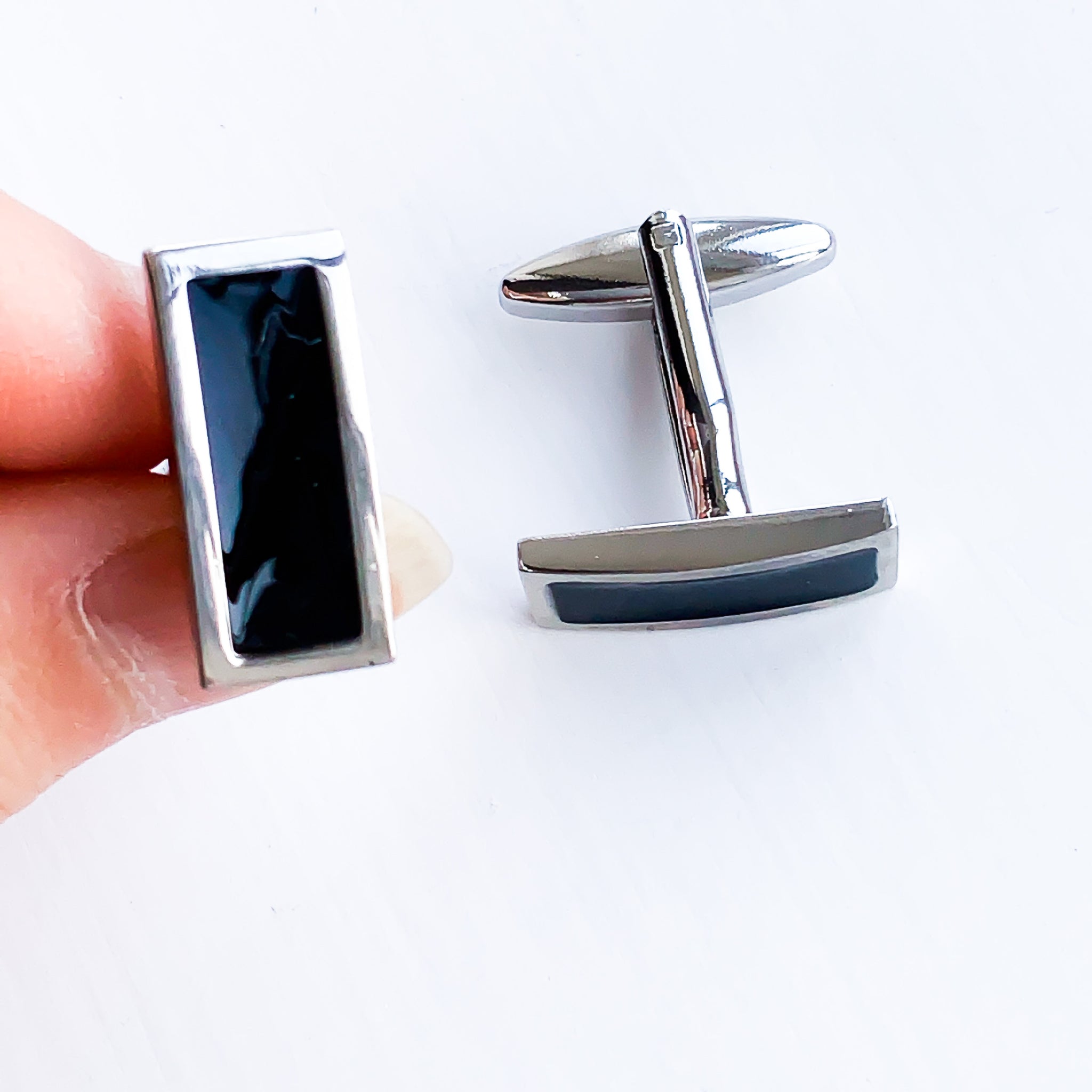 MEN RECTANGLE SILVER BLACK SIMPLE CUFFLINKS