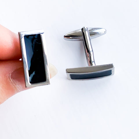 MEN RECTANGLE SILVER BLACK SIMPLE CUFFLINKS