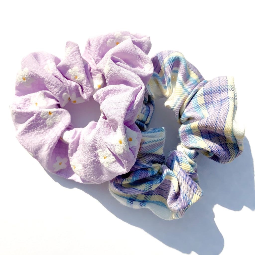 CUTE FLORAL PURPLE BLUE CHECK  SCRUNCHIE HAIRBAND SET HAIR ACCESSORIES