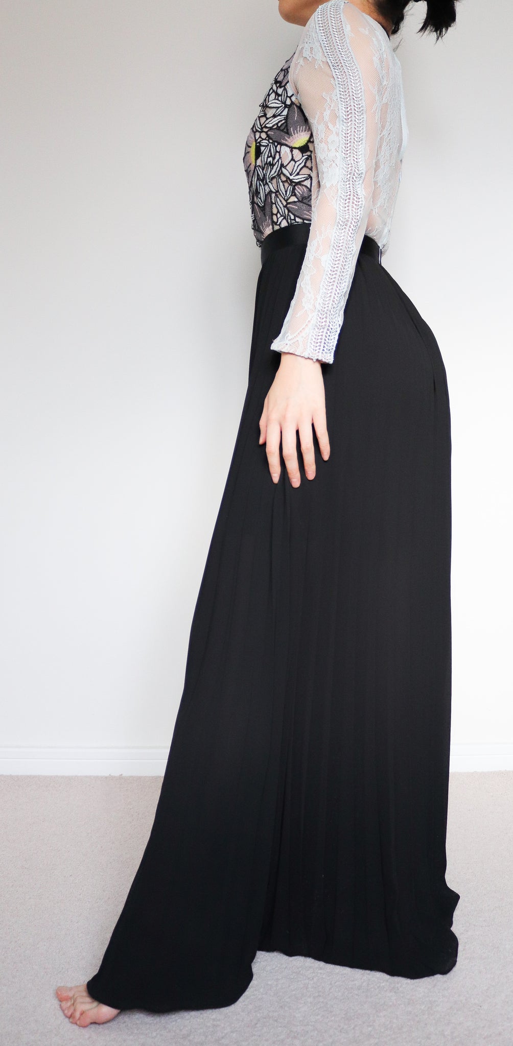 LIGHT BLUE FORMAL MESH FLORAL LONG LACE SLEEVES PLEATED MAXI LONG DRESS