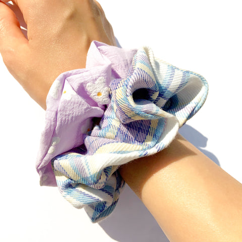 CUTE FLORAL PURPLE BLUE CHECK  SCRUNCHIE HAIRBAND SET HAIR ACCESSORIES