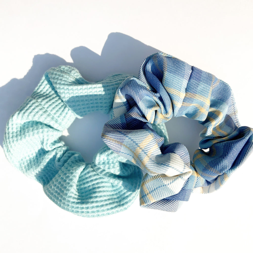 CUTE  BLUE CHECK SCRUNCHIE HAIRBAND SET HAIR ACCESSORIES