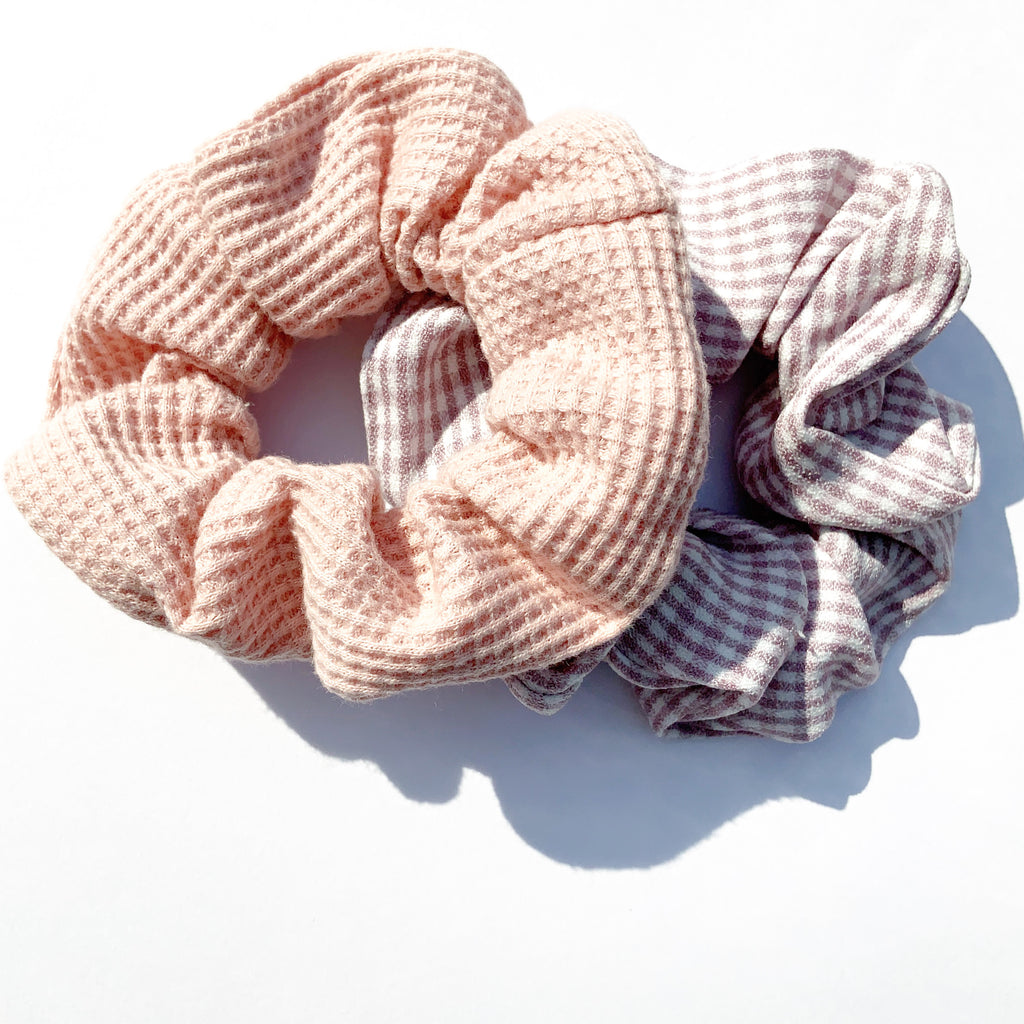 CUTE PINK PEACH CHECK SCRUNCHIE HAIRBAND SET HAIR ACCESSORIES