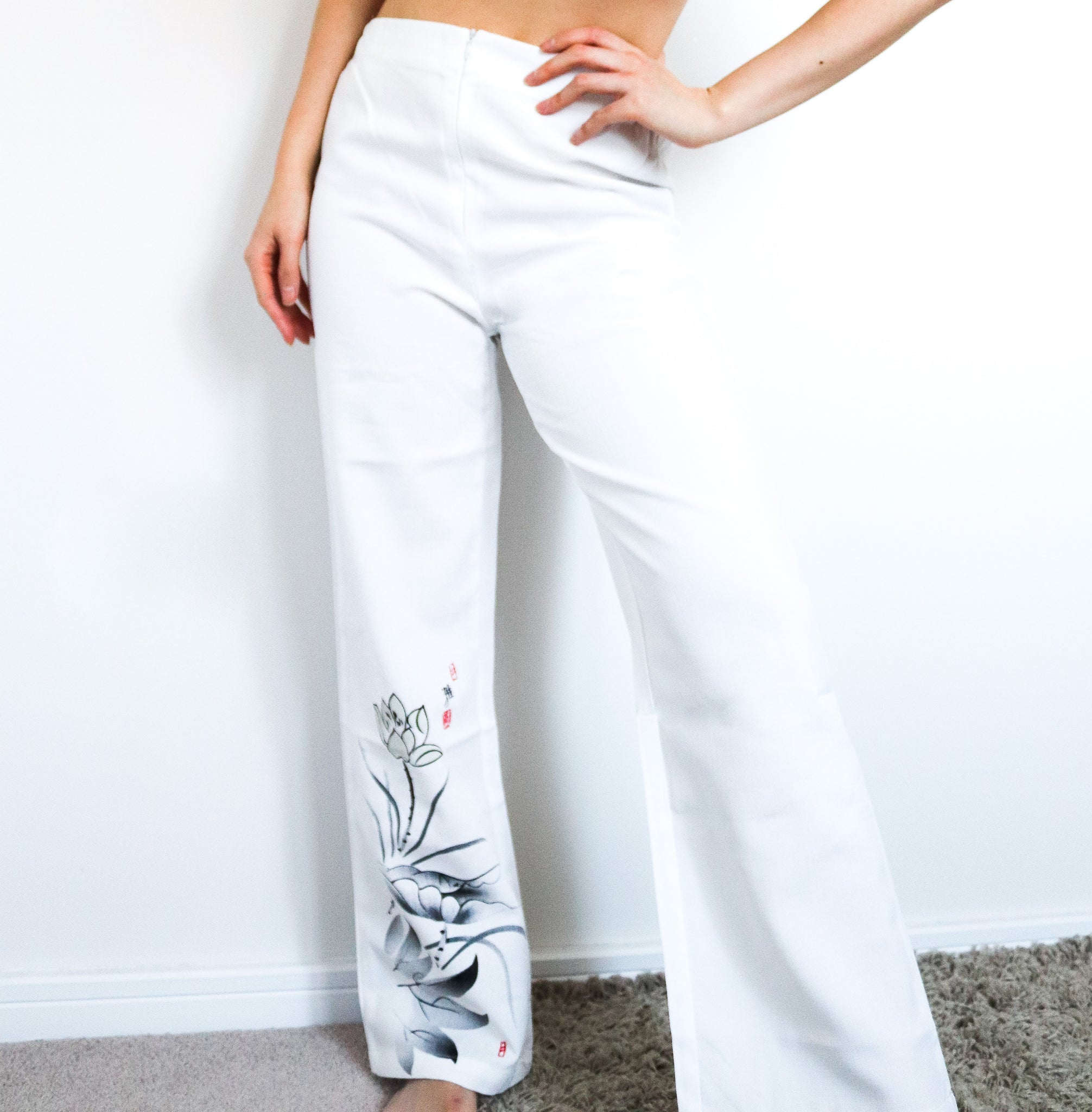 90s Y2K 00s VINTAGE LOTUS FLOWER FLORAL  WHITE LINEN BLENDED TROUSERS