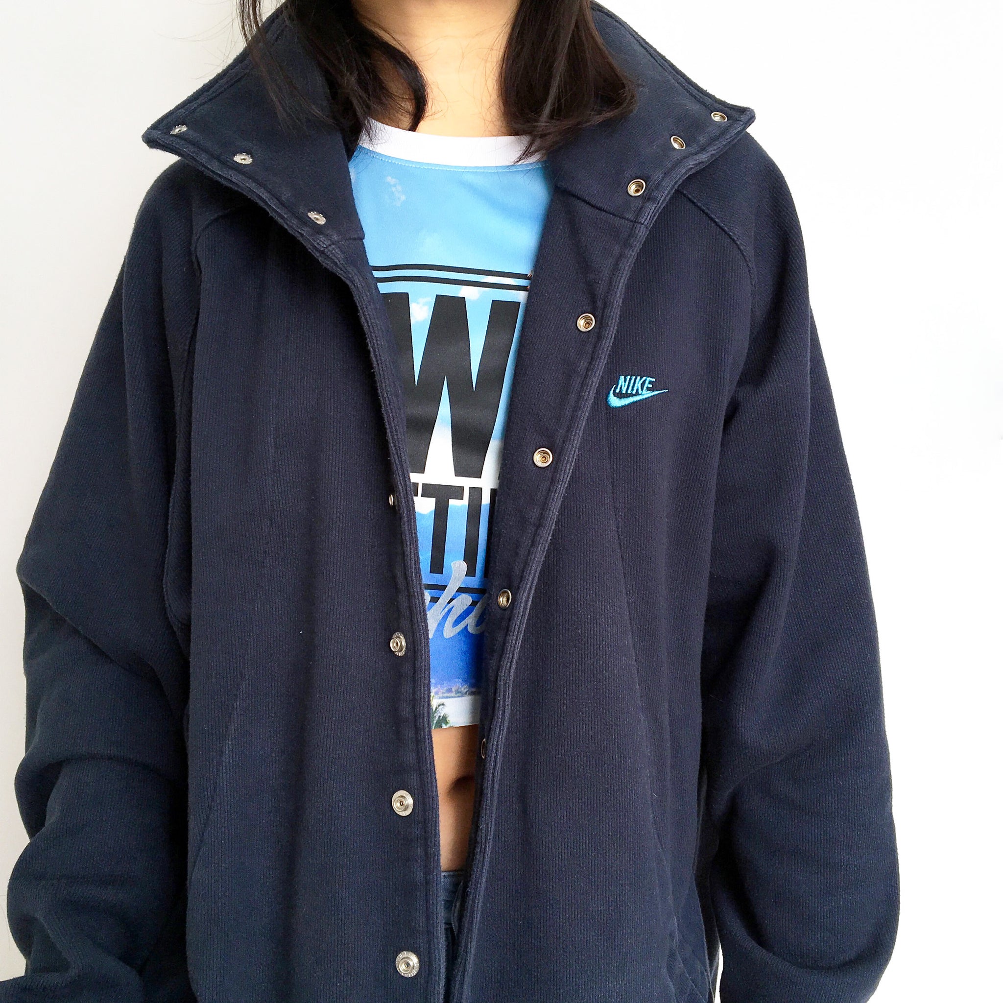 90s Y2k 2000s VINTAGE MEN UNISEX NIKE HIGH NECK BASEBALL STYLE NAVY THICK COTTON BLENDED JACKET SWEATER