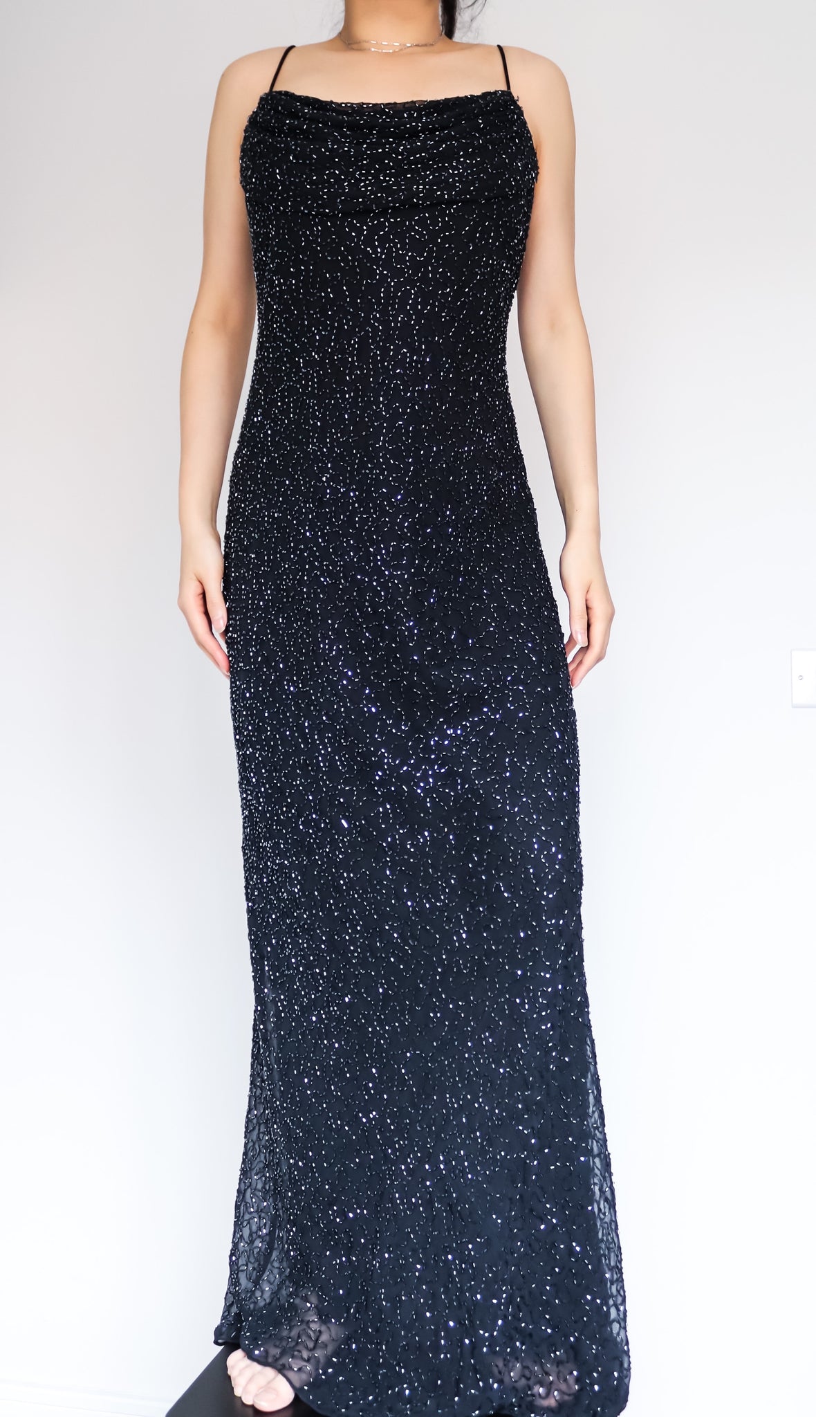 90s Y2K 00s VINTAGE BLACK COWL NECK BEADED STRAPS FULL LENGTH LONG MAXI EVENING SLIP DRESS