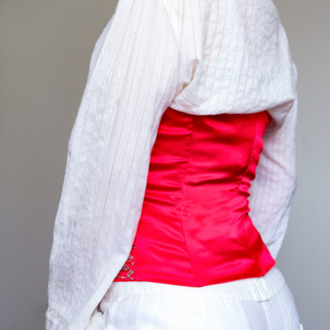 VINTAGE SILVER BEADS BEADED CRAFT EMBELLISHMENT RED SILK BLENDED BONED BUSTIER CORSET TOP