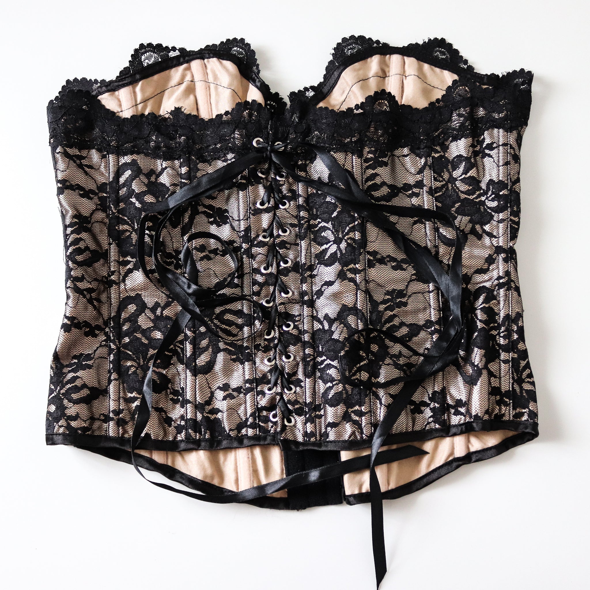 Y2K 90S 00S VINTAGE BLACK LACE  BONE BUSTIER CORSET TIE  TOP