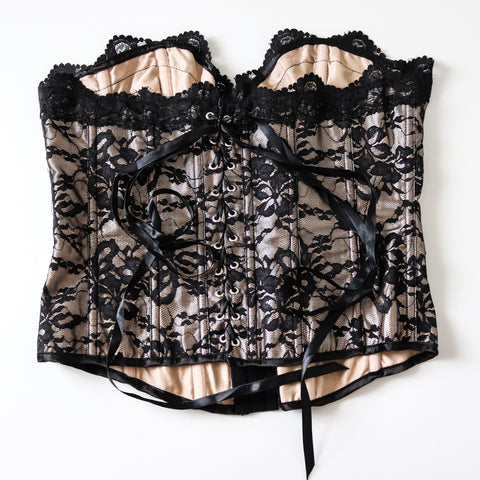 Y2K 90S 00S VINTAGE BLACK LACE  BONE BUSTIER CORSET TIE  TOP