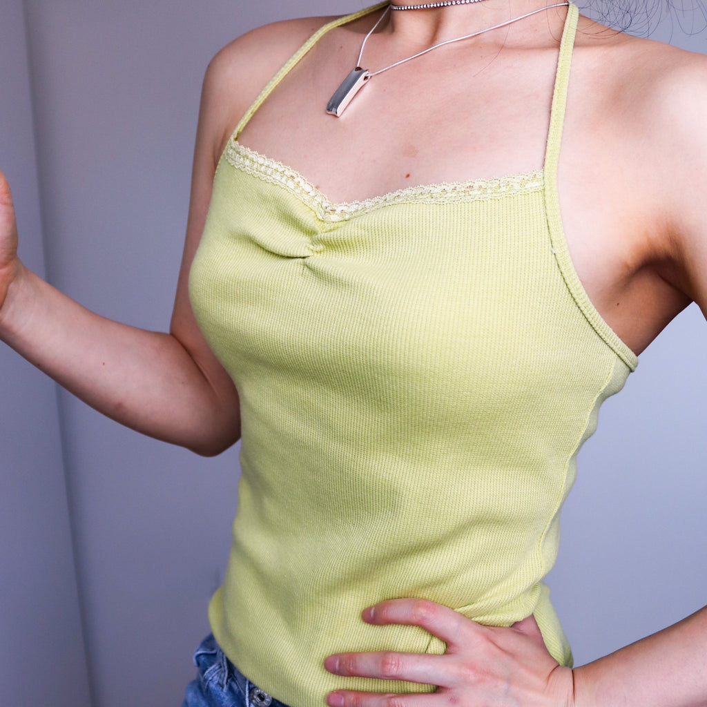 90S 00 Y2K LIME GREEN SHEER LACE BACK LACE TRIM NECKLINE  HALTER STRAP CAMI COTTON BLENDED VEST TOP