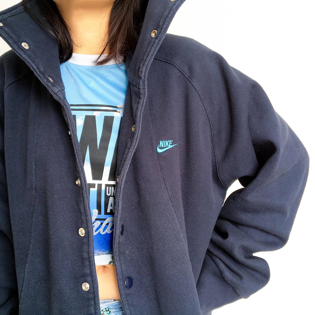 90s Y2k 2000s VINTAGE MEN UNISEX NIKE HIGH NECK BASEBALL STYLE NAVY THICK COTTON BLENDED JACKET SWEATER