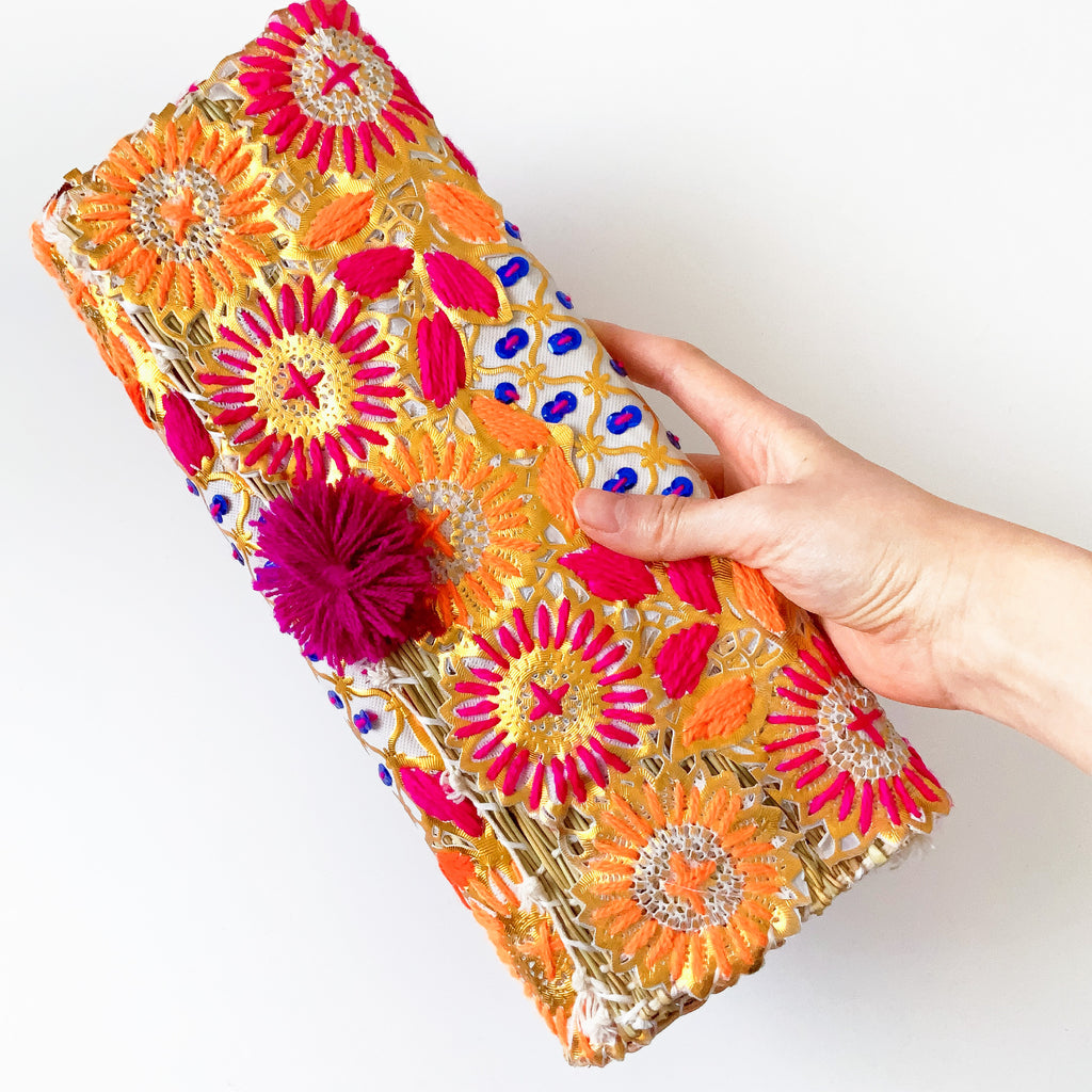 POM POM YARN SEQUINS EMBROIDERY BAMBOO LONG TRIBAL CLUTCH BAG