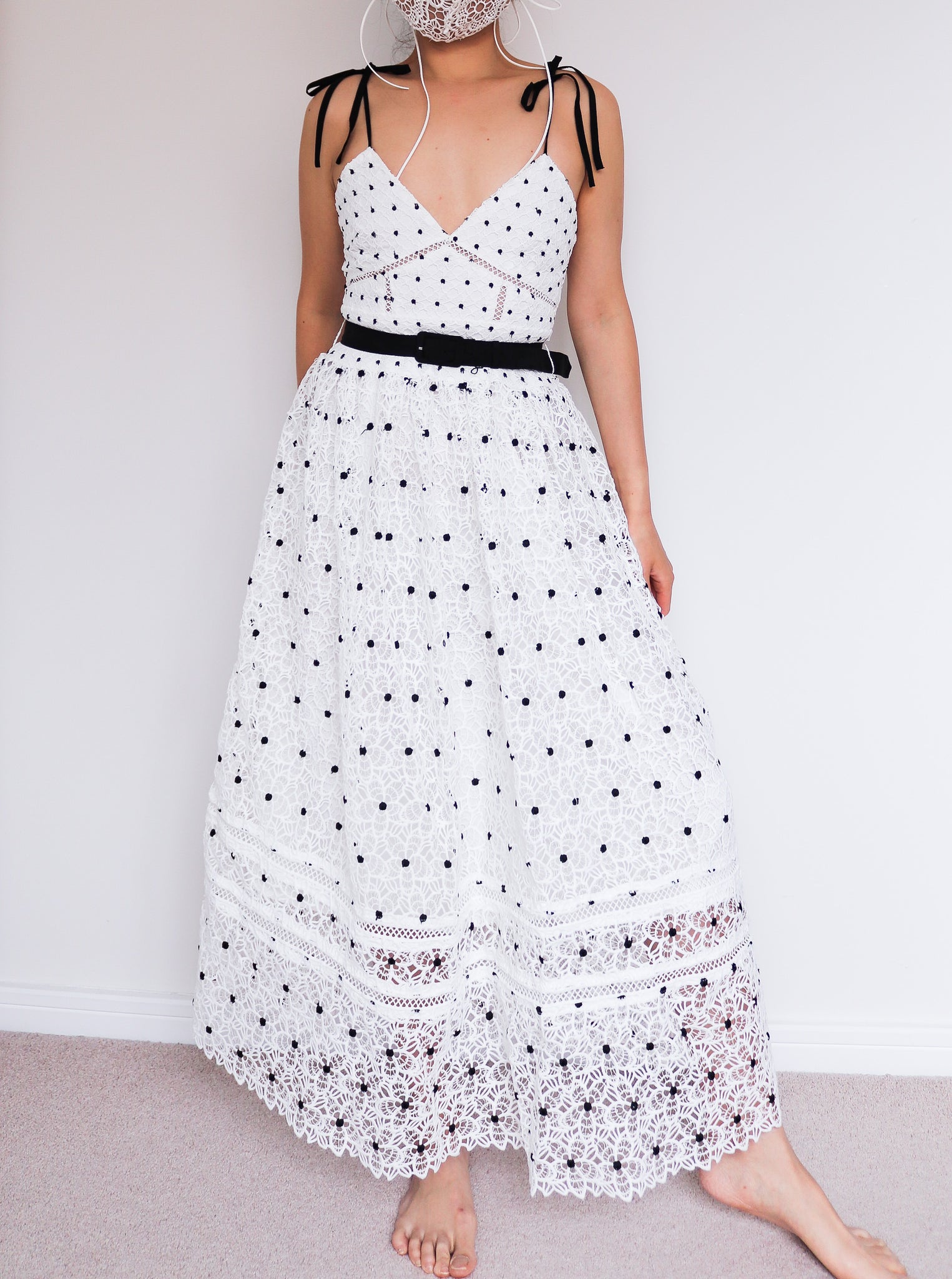 WHITE FLORAL DOTS LACE LONG MIDI DRESS WITH BLACK BELT
