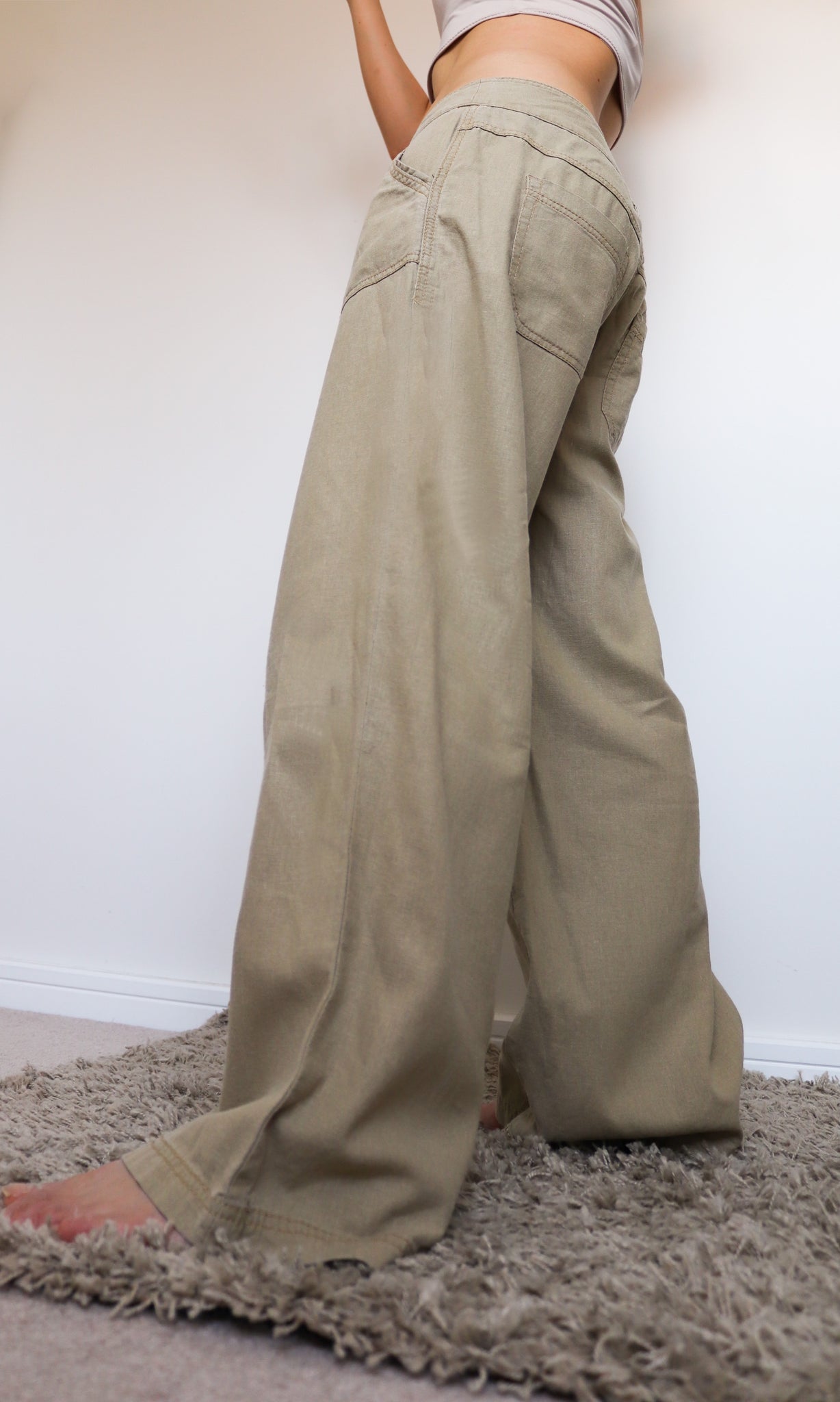 90S Y2K 00S VINTAGE SIMPLE BEIGE LINEN BLENDED BELT TROUSERS