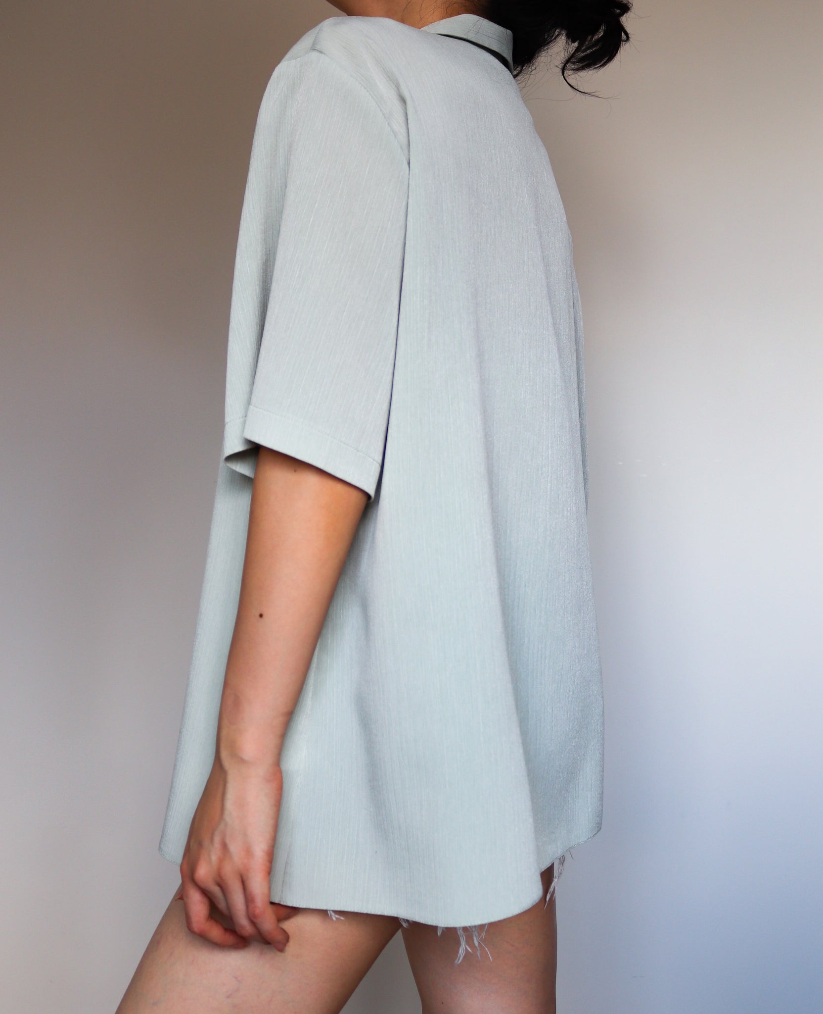 VINTAGE PALE GREEN RELAXED BOX FIT BOXY TEXTURED FABRIC SHORT SLEEVES SHIRT BLOUSE TOP