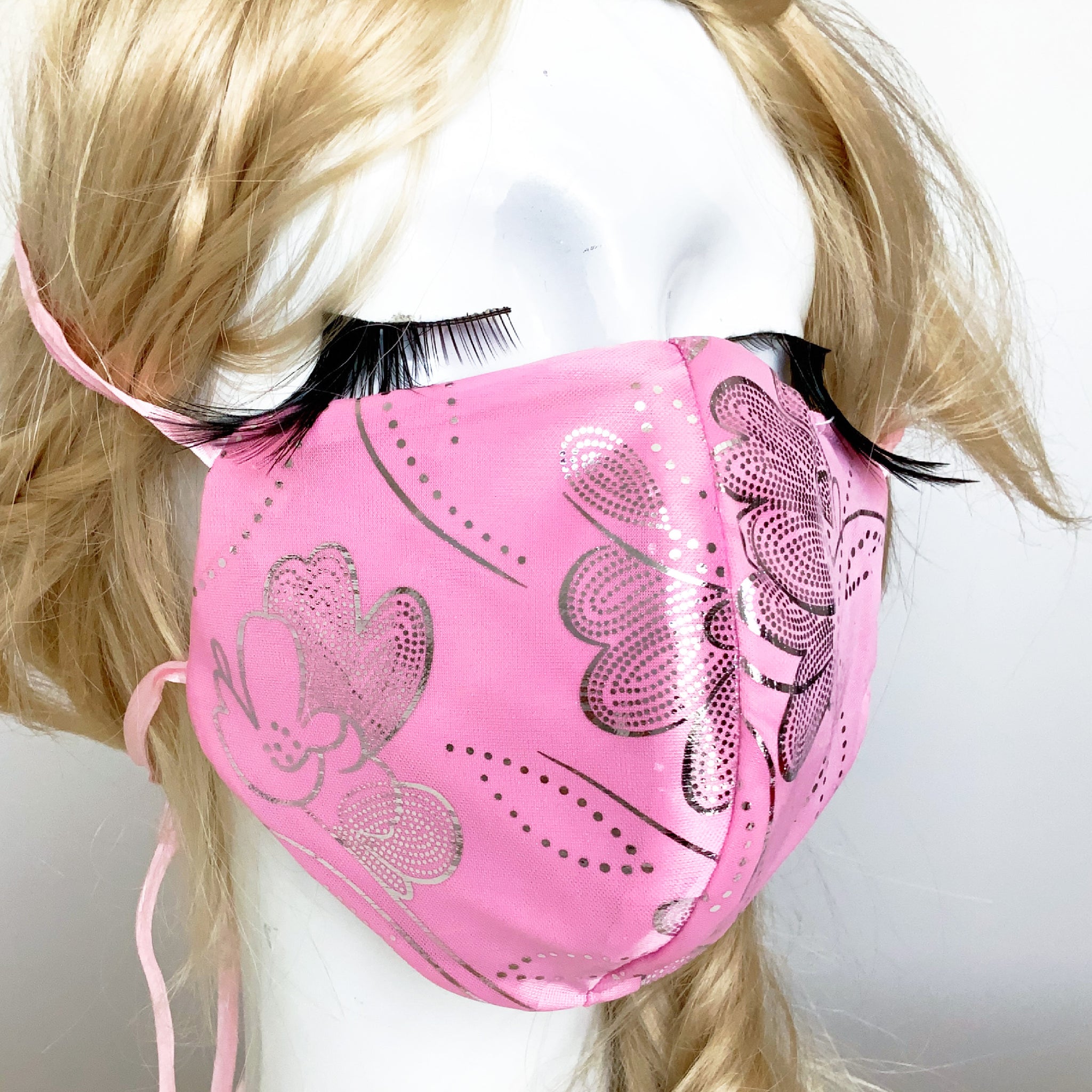 PINK ORIENTAL FLORAL SATIN 3 LAYERS WITH FILTER POCKET FACE FABRIC STYLING MASK