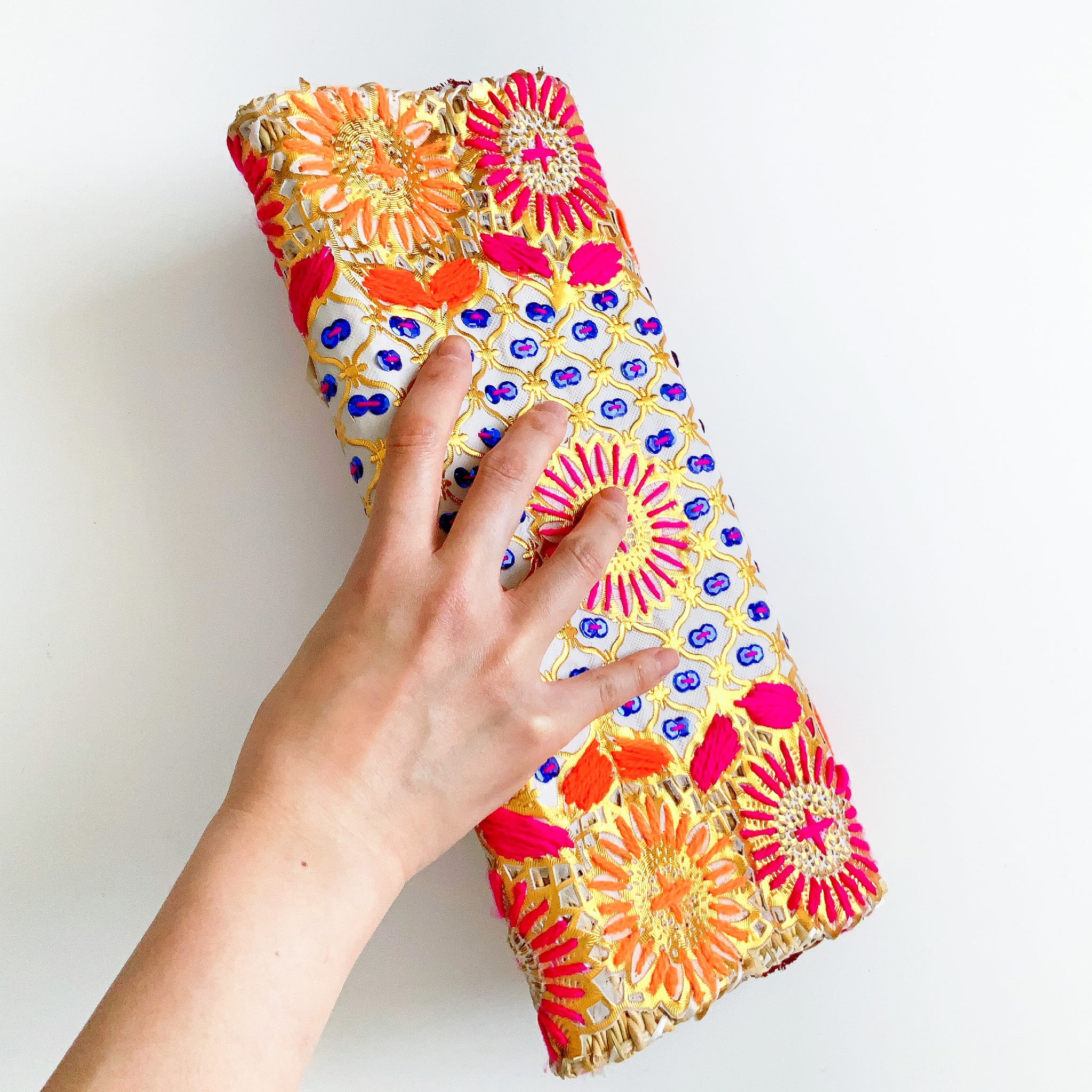 POM POM YARN SEQUINS EMBROIDERY BAMBOO LONG TRIBAL CLUTCH BAG