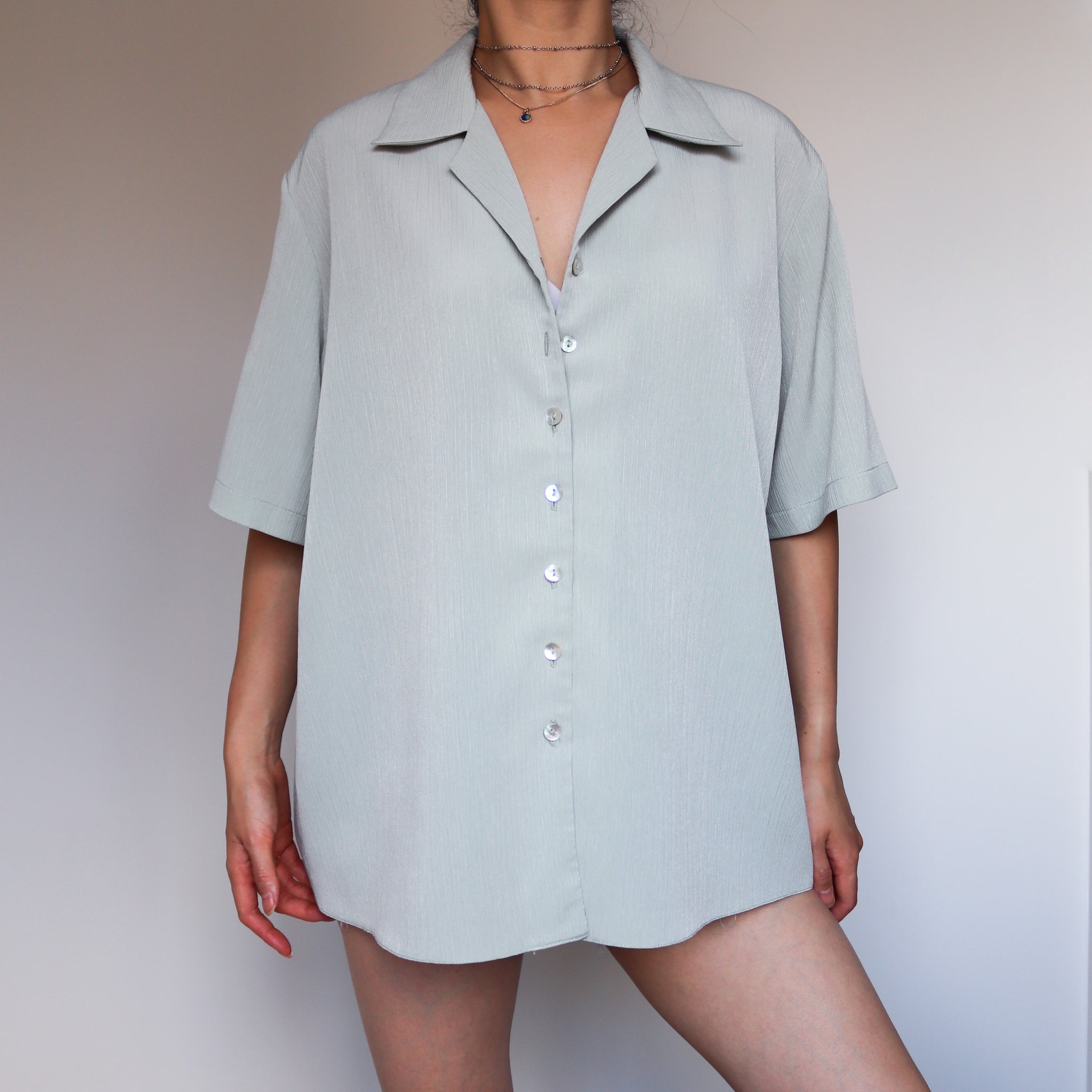 VINTAGE PALE GREEN RELAXED BOX FIT BOXY TEXTURED FABRIC SHORT SLEEVES SHIRT BLOUSE TOP