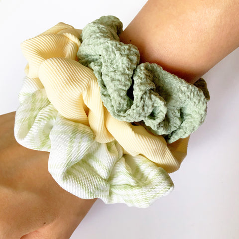 CUTE FLORAL GREEN CREAM CHECK SCRUNCHIE HAIRBAND SET HAIR ACCESSORIES