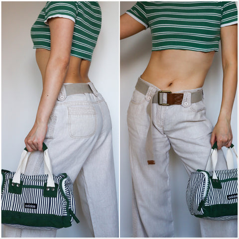 90S Y2K 2000S VINTAGE GREEN ADIDAS STRIPE COTTON CLOTH CUTE MINI HOLIDAY PICNIC SHOPPING DUFFLE BAG