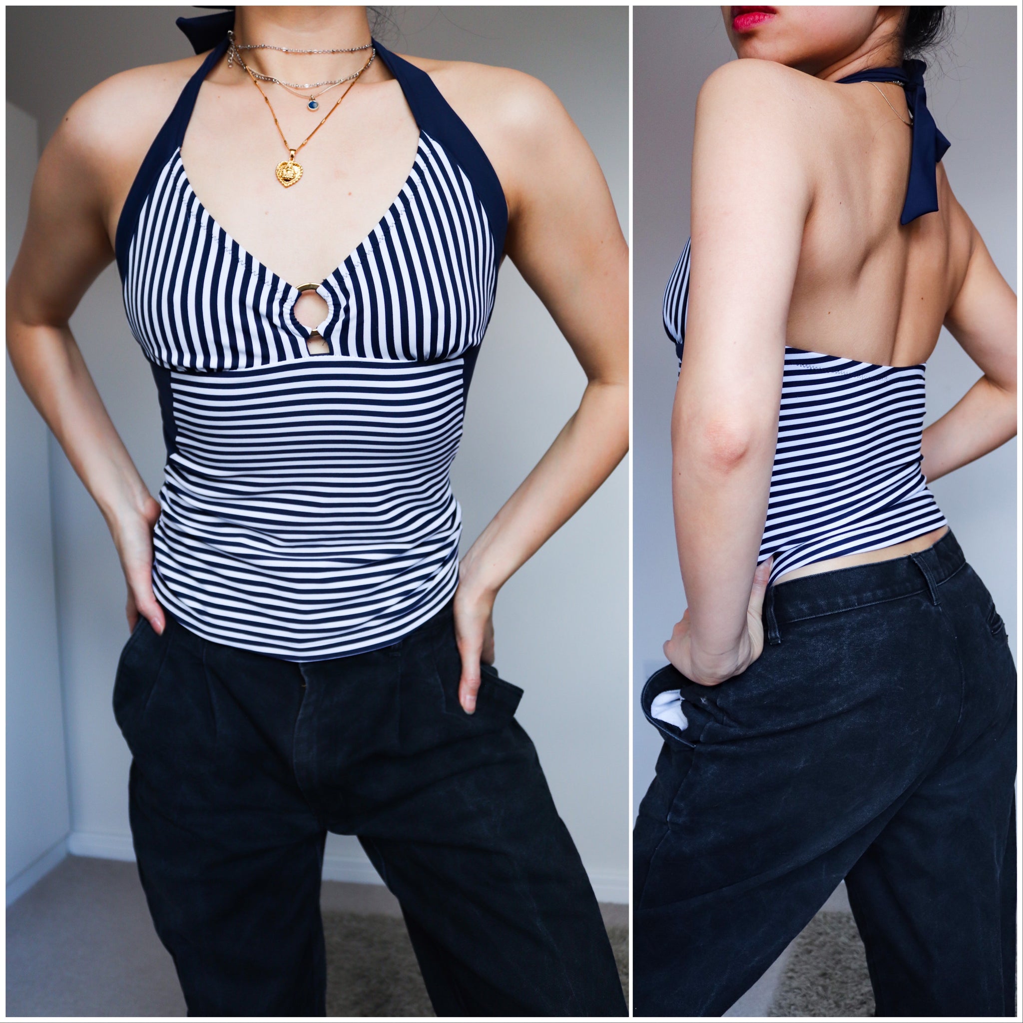 90s VINTAGE WHITE COMPANY STRETCHY SWIMWEAR HALTER NECK STRAP STRIPES BIKINI TANK TOP