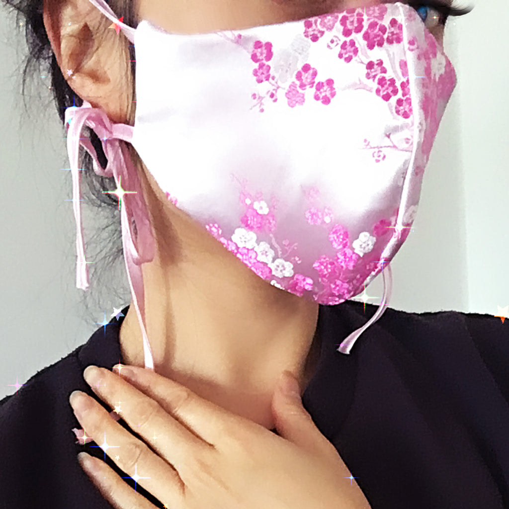 PINK ORIENTAL FLORAL BLOSSOM FLOWER SATIN 2 LAYERS WITHOUT  FILTER POCKET FACE MASK