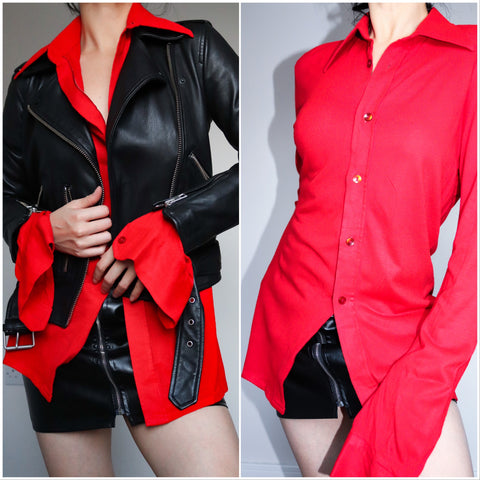 90S VINTAGE RED LONG SLIM FIT SHIRT TOP