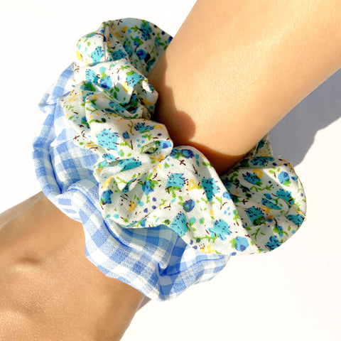 CUTE FLORAL BLUE CHECK SCRUNCHIE HAIRBAND SET HAIR ACCESSORIES