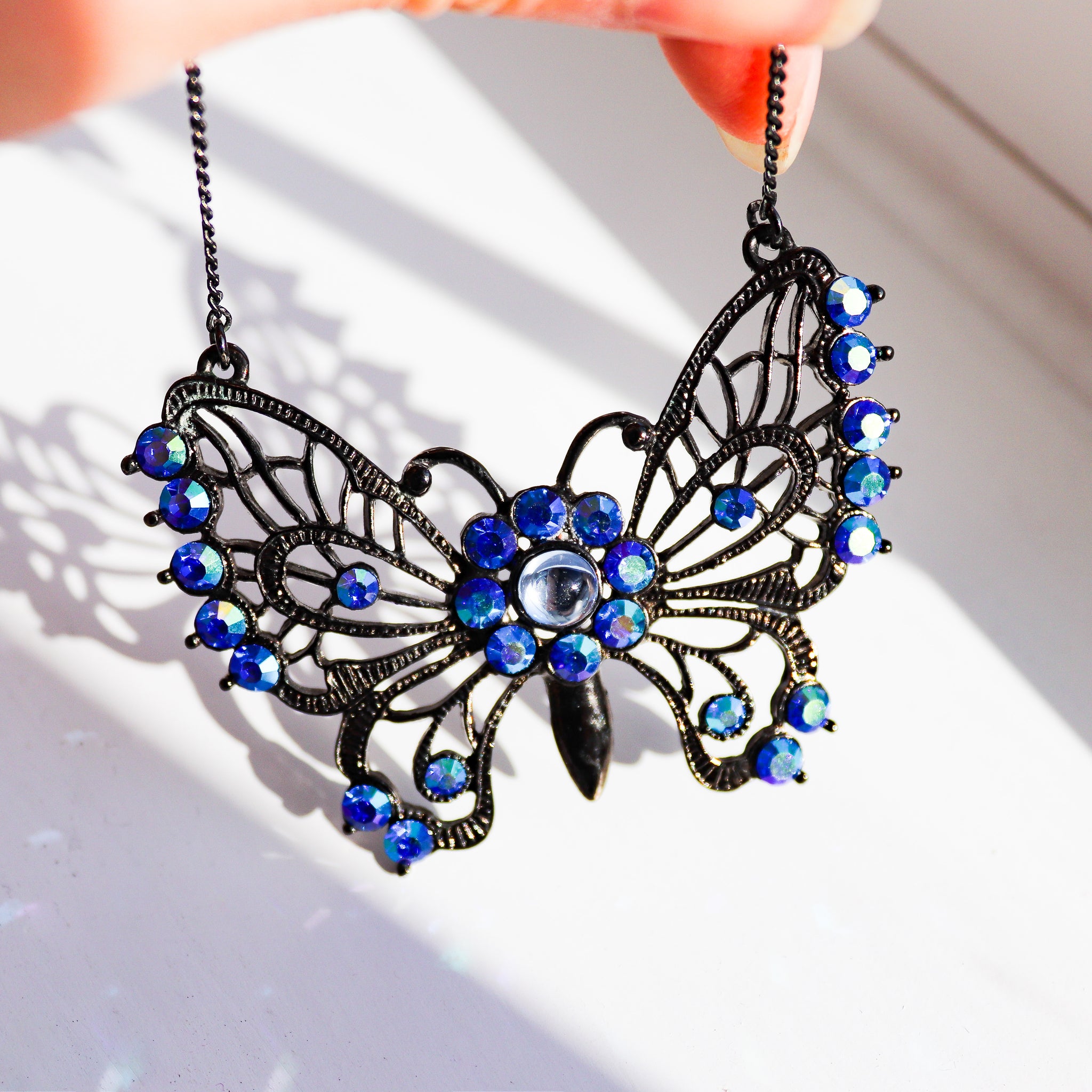 90s VINTAGE GOTHIC BOHO TRIBAL BLUE DIAMANTÉ BUTTERFLY DEEP GREY SHORT NECKLACE