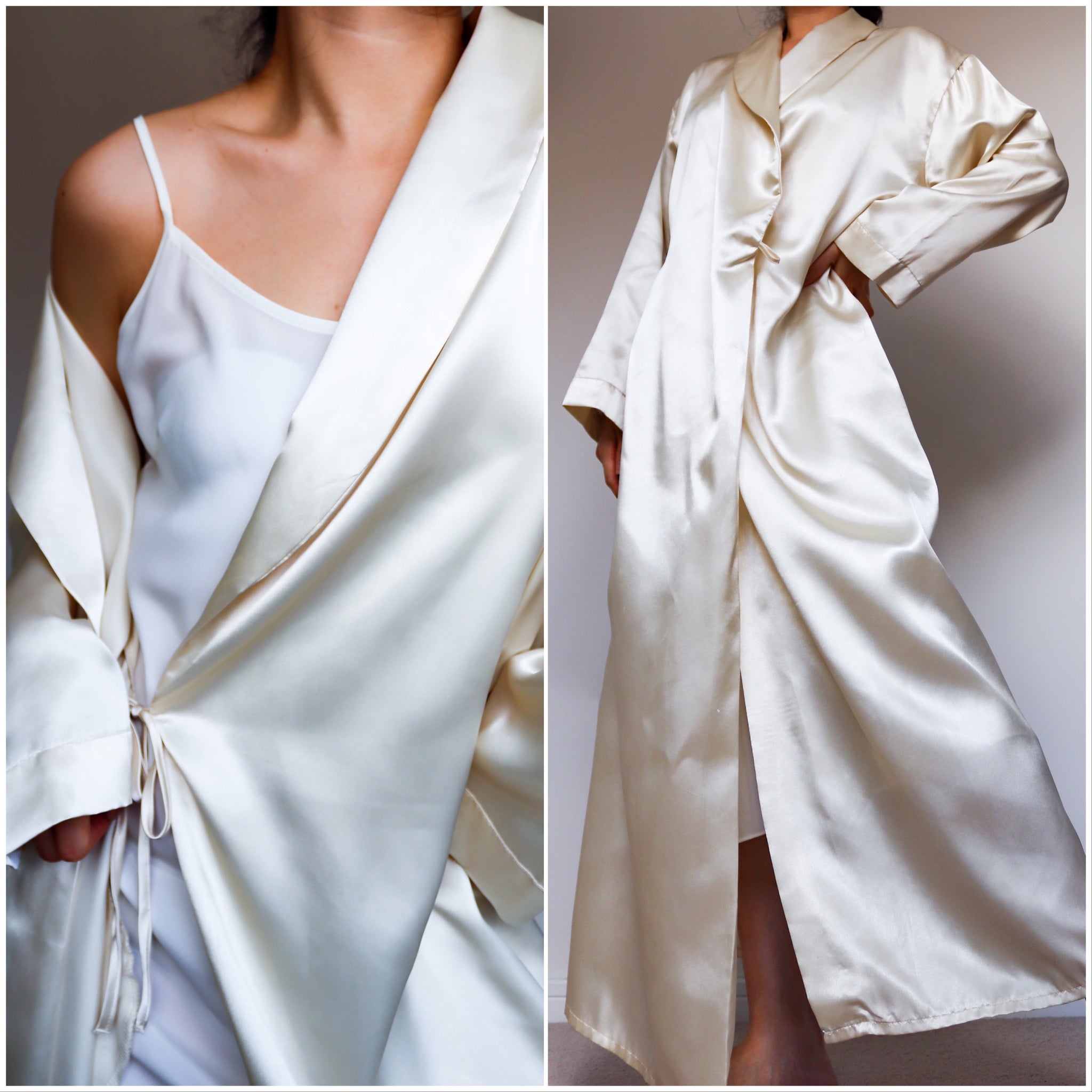 VINTAGE CREAM CHAMPAGNE SATIN LONG JACKET ROBE