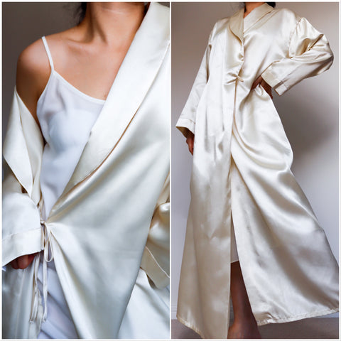 VINTAGE CREAM CHAMPAGNE SATIN LONG JACKET ROBE