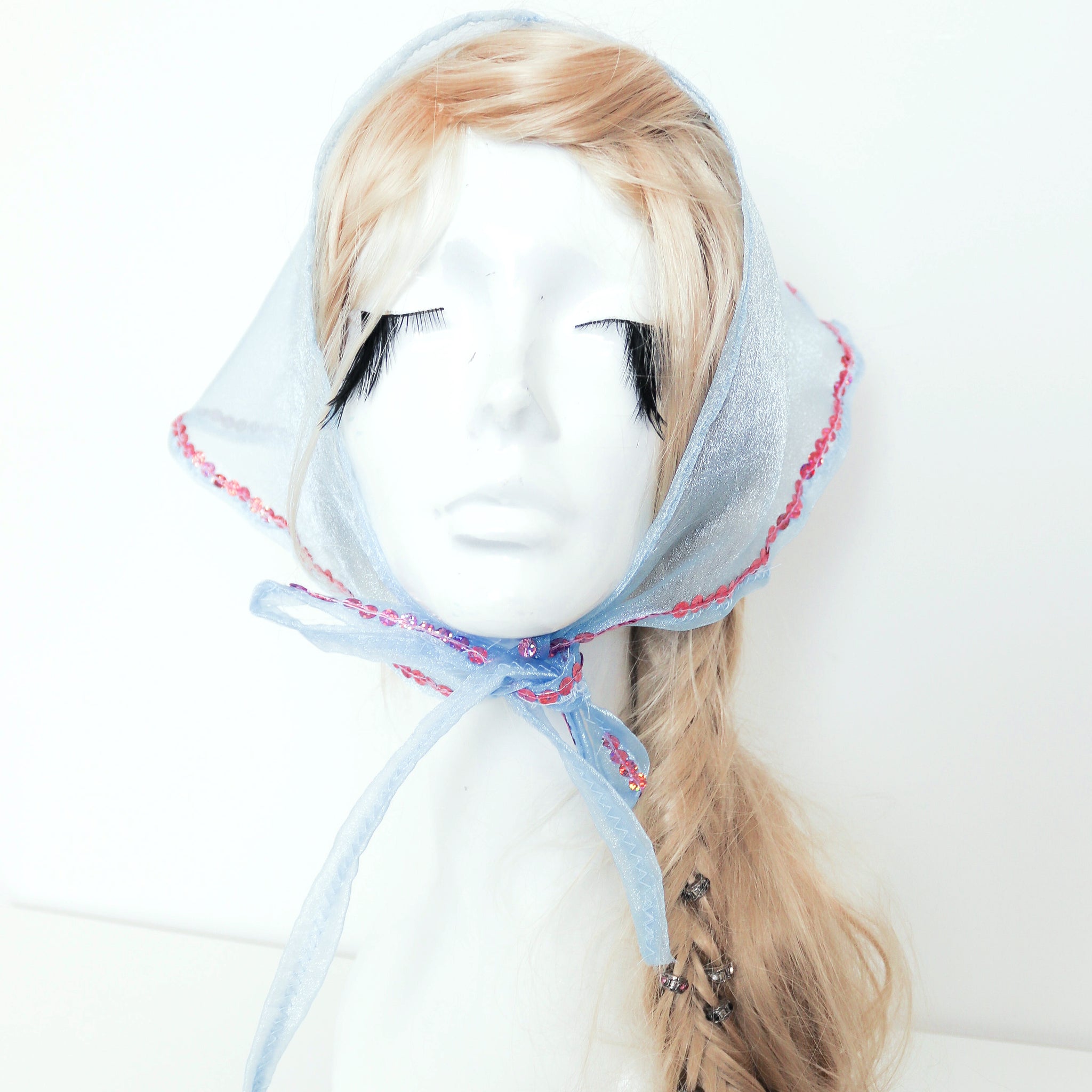 LITTLE FAIRY MAID 90S STYLE PINK SEQUINS SHEER SHIMMER BLUE HANDKERCHIEF BANDANA HEADBAND
