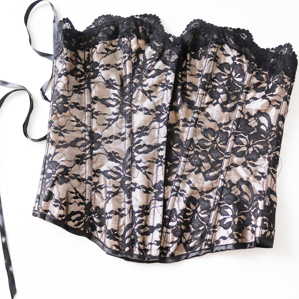Y2K 90S 00S VINTAGE BLACK LACE  BONE BUSTIER CORSET TIE  TOP