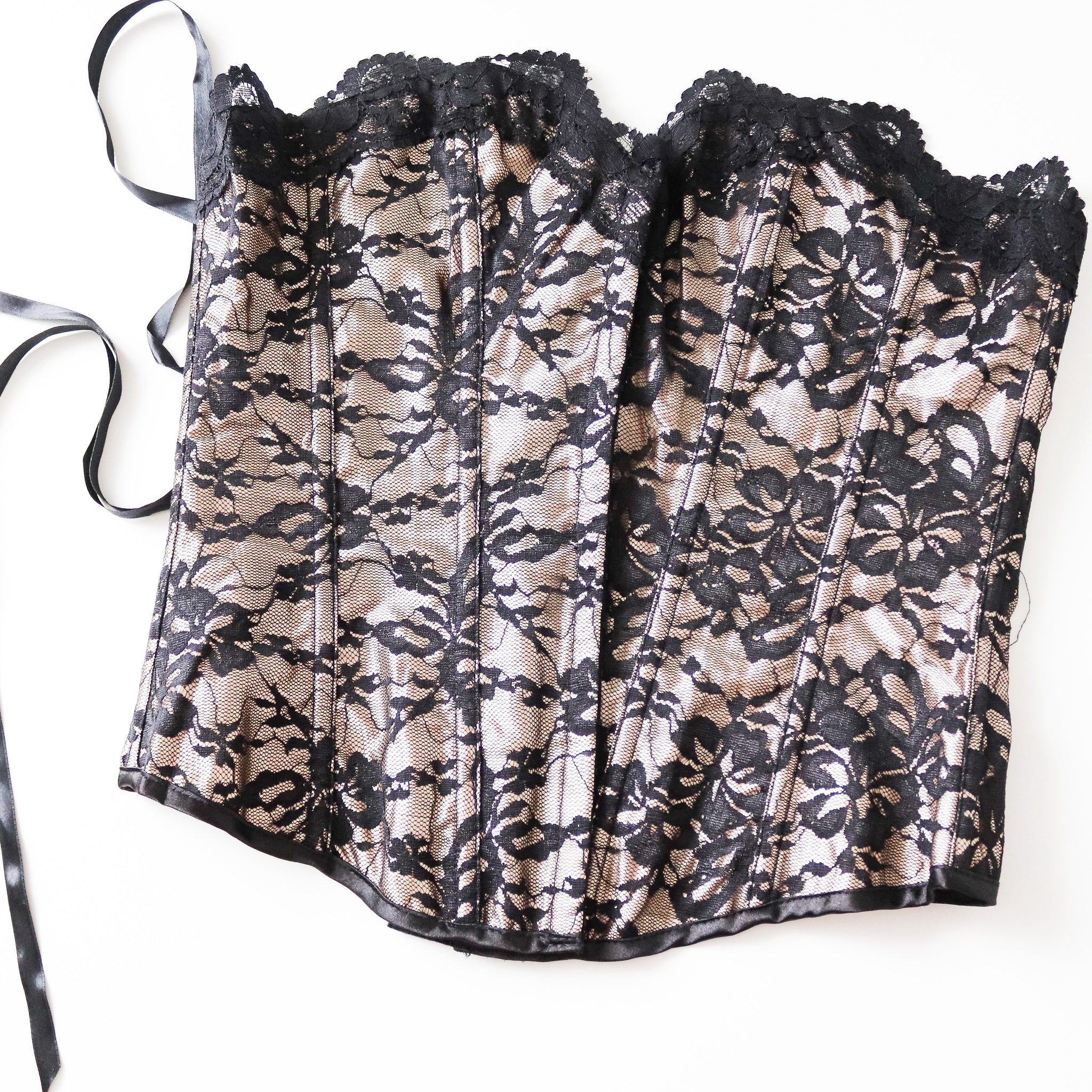 Y2K 90S 00S VINTAGE BLACK LACE  BONE BUSTIER CORSET TIE  TOP
