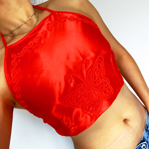 Y2K 90S 00S CROP SHORT EMBROIDERY BUTTERFLY FLORAL SILKY BACKLESS TIE HALTER NECK TOP