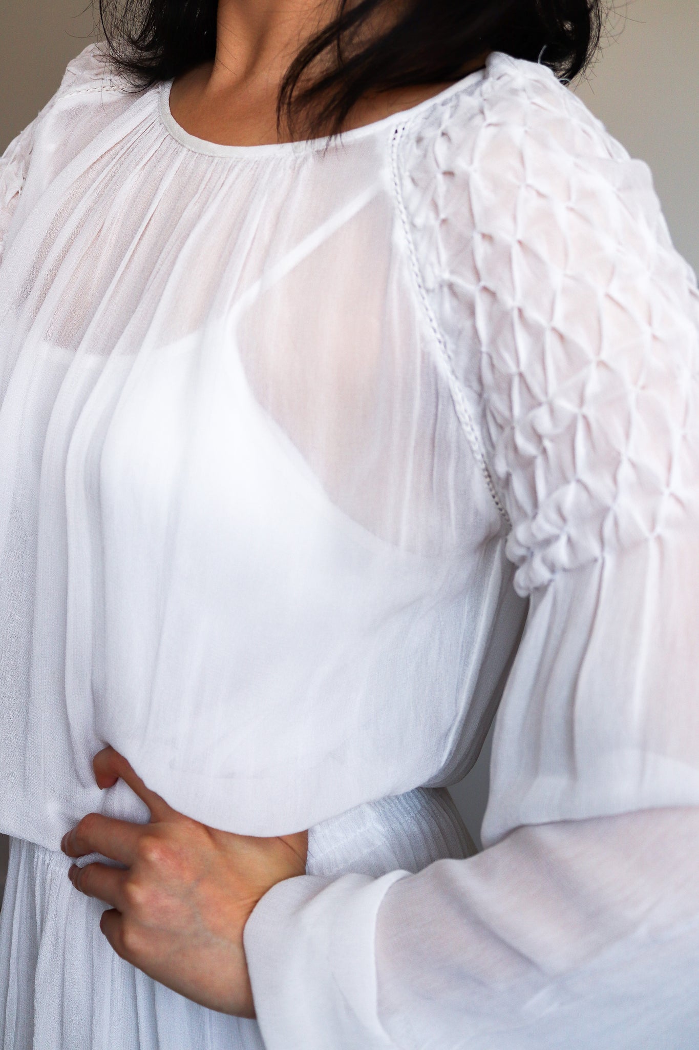 WHITE LONG SLEEVES SEMI SHEER CHIFFON WITH UNDERGARMENT SLIP  DRESS