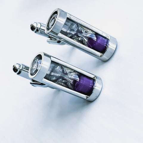 MEN PURPLE SAND HOURGLASS SAND TIMER SILVER CUFFLINKS