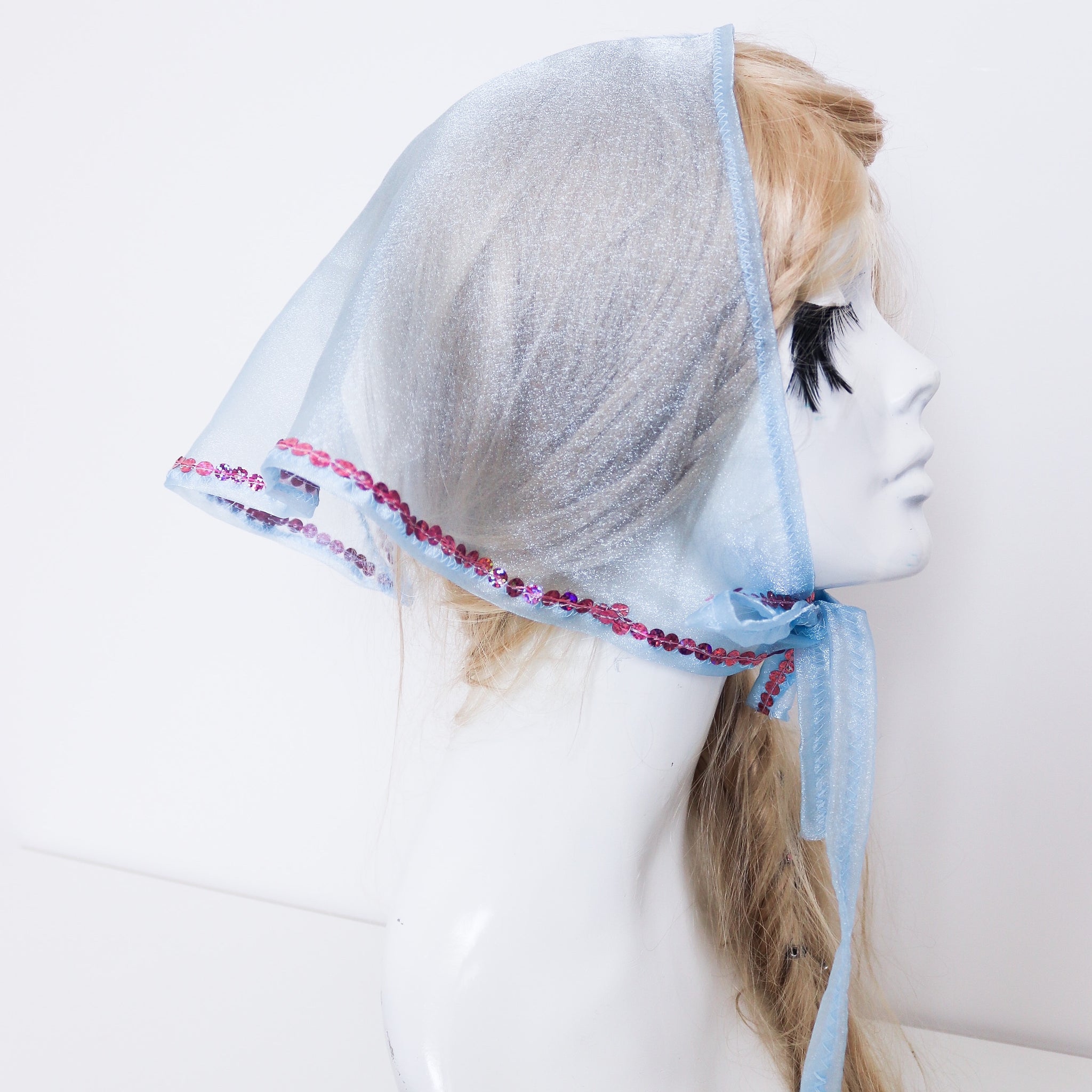 LITTLE FAIRY MAID 90S STYLE PINK SEQUINS SHEER SHIMMER BLUE HANDKERCHIEF BANDANA HEADBAND