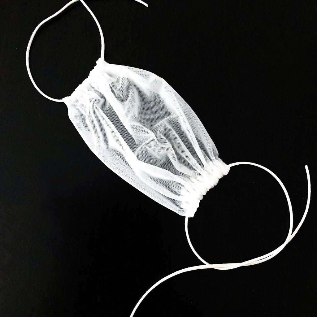 WHITE SHEER MASK FACE MASK WITH FAUX SUEDE LEATHER TIES