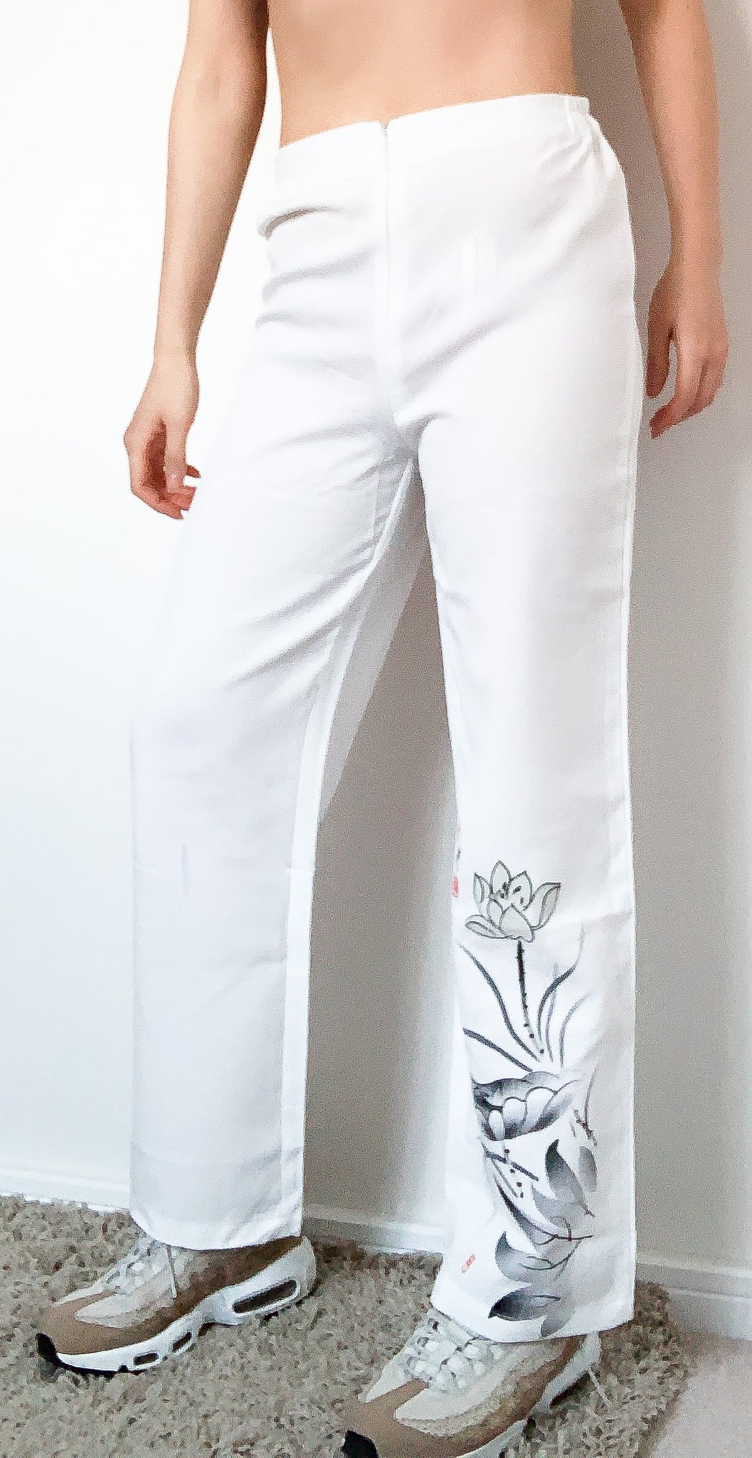 90s Y2K 00s VINTAGE LOTUS FLOWER FLORAL  WHITE LINEN BLENDED TROUSERS