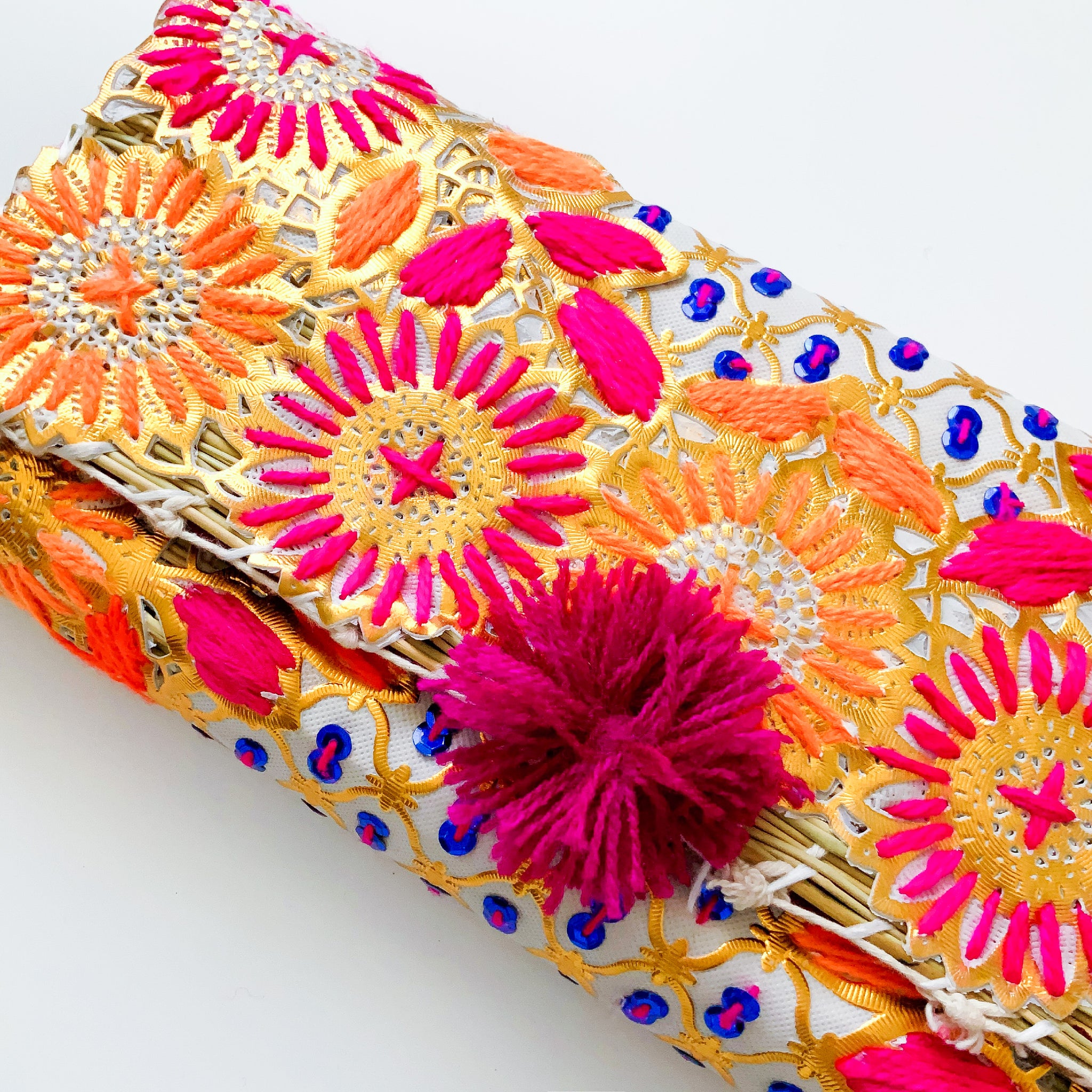 POM POM YARN SEQUINS EMBROIDERY BAMBOO LONG TRIBAL CLUTCH BAG