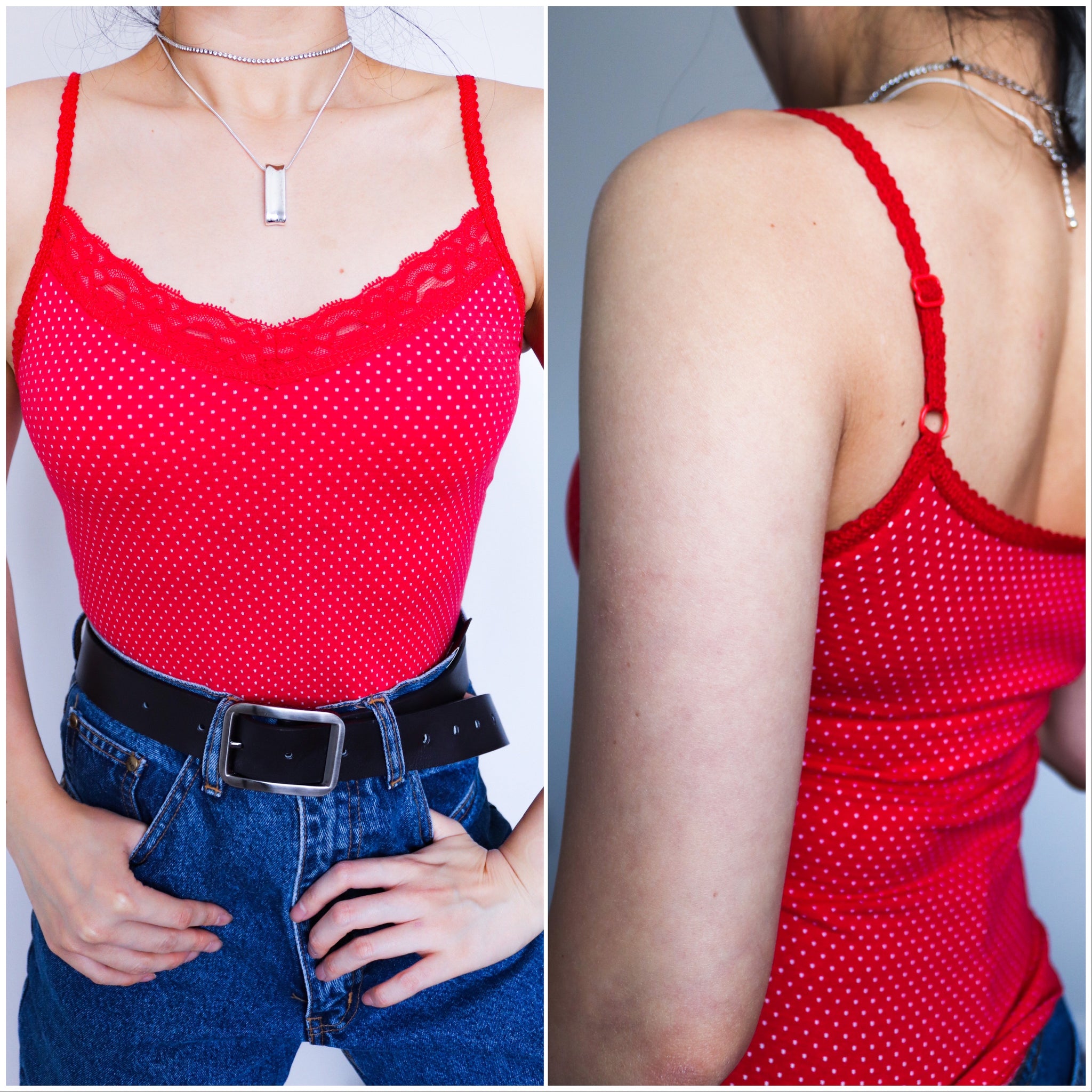 90S 00 Y2K CHERRY RED DOTS LACE STRETCHY STRAP CAMI COTTON BLENDED VEST TOP