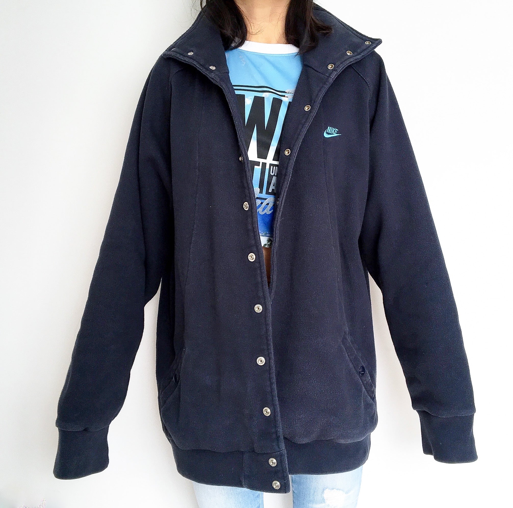 90s Y2k 2000s VINTAGE MEN UNISEX NIKE HIGH NECK BASEBALL STYLE NAVY THICK COTTON BLENDED JACKET SWEATER