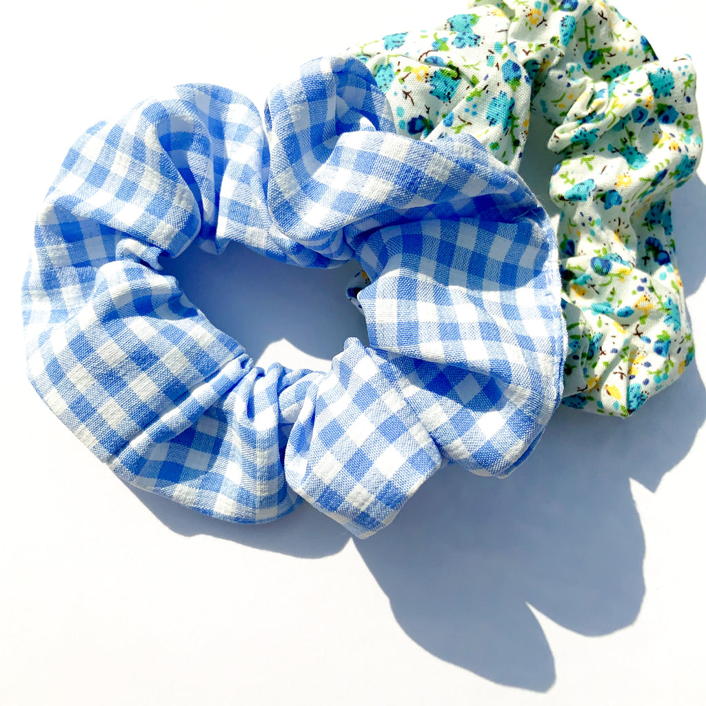 CUTE FLORAL BLUE CHECK SCRUNCHIE HAIRBAND SET HAIR ACCESSORIES