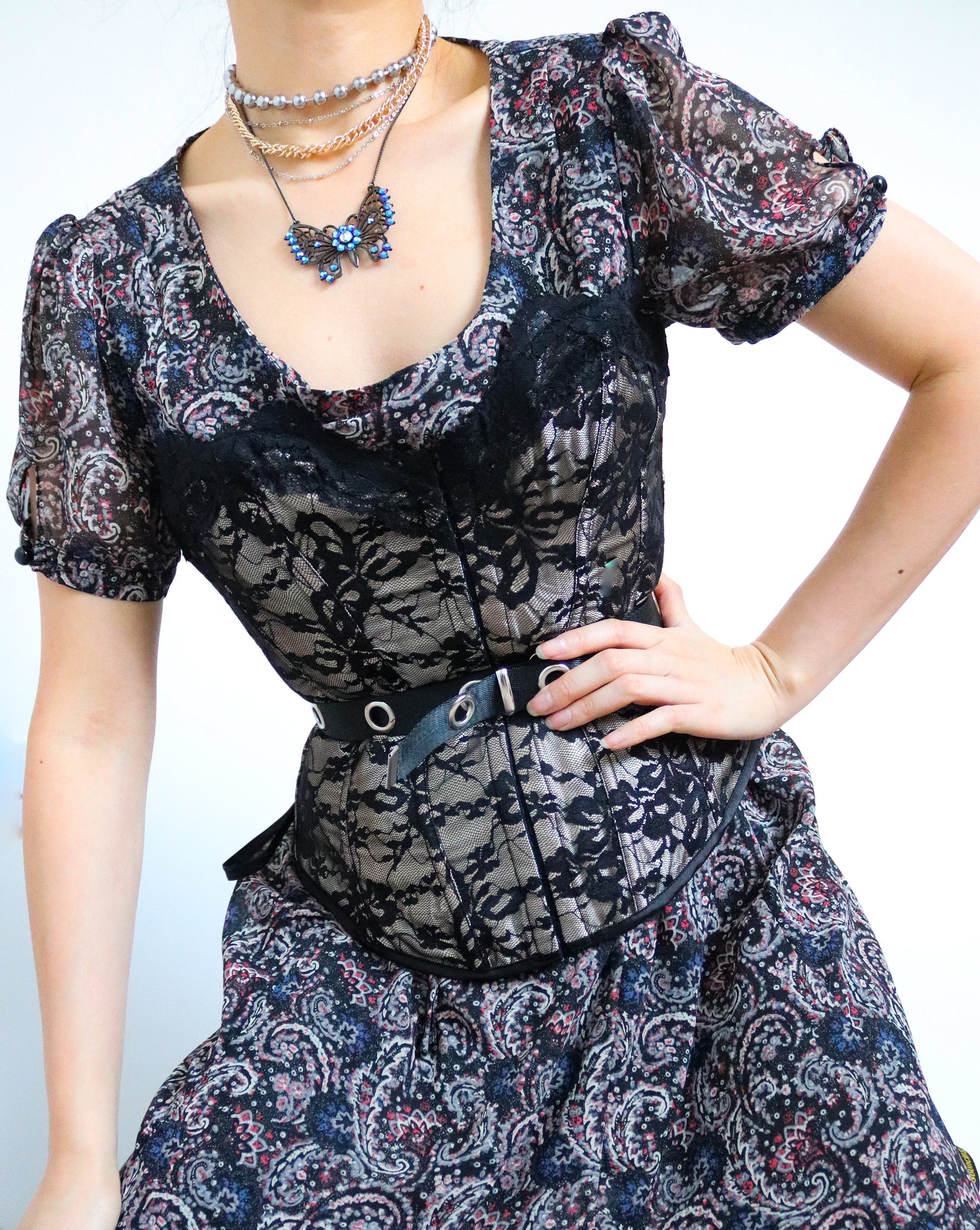 Y2K 90S 00S VINTAGE BLACK LACE  BONE BUSTIER CORSET TIE  TOP
